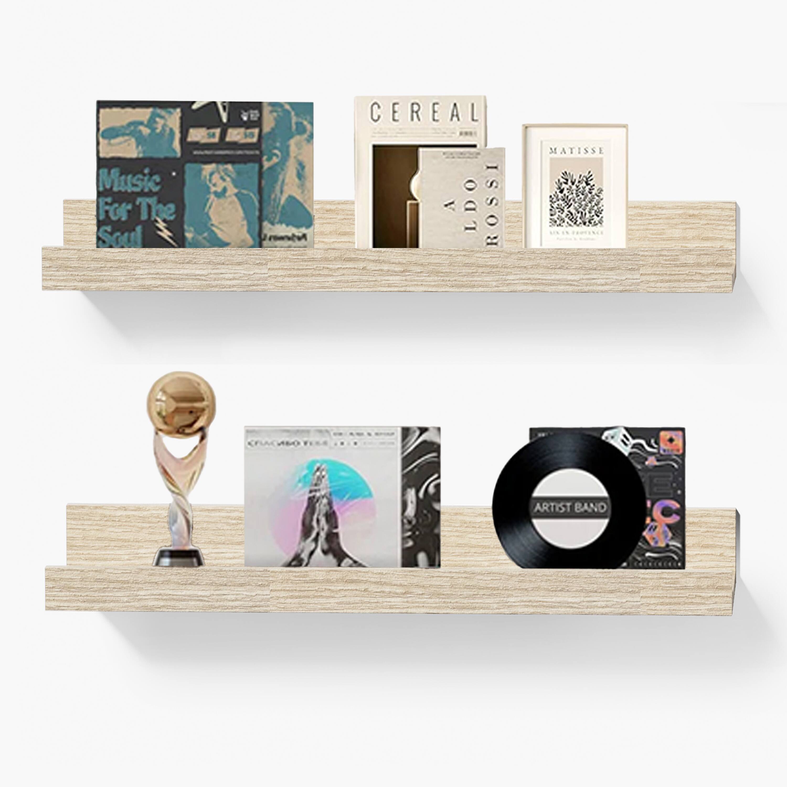 BOMEDA - 2 Pack 16 in Floating Picture Ledge Shelves, Wooden Wall Shelf for Books, Photos & Decor Display for Living Room - Oak