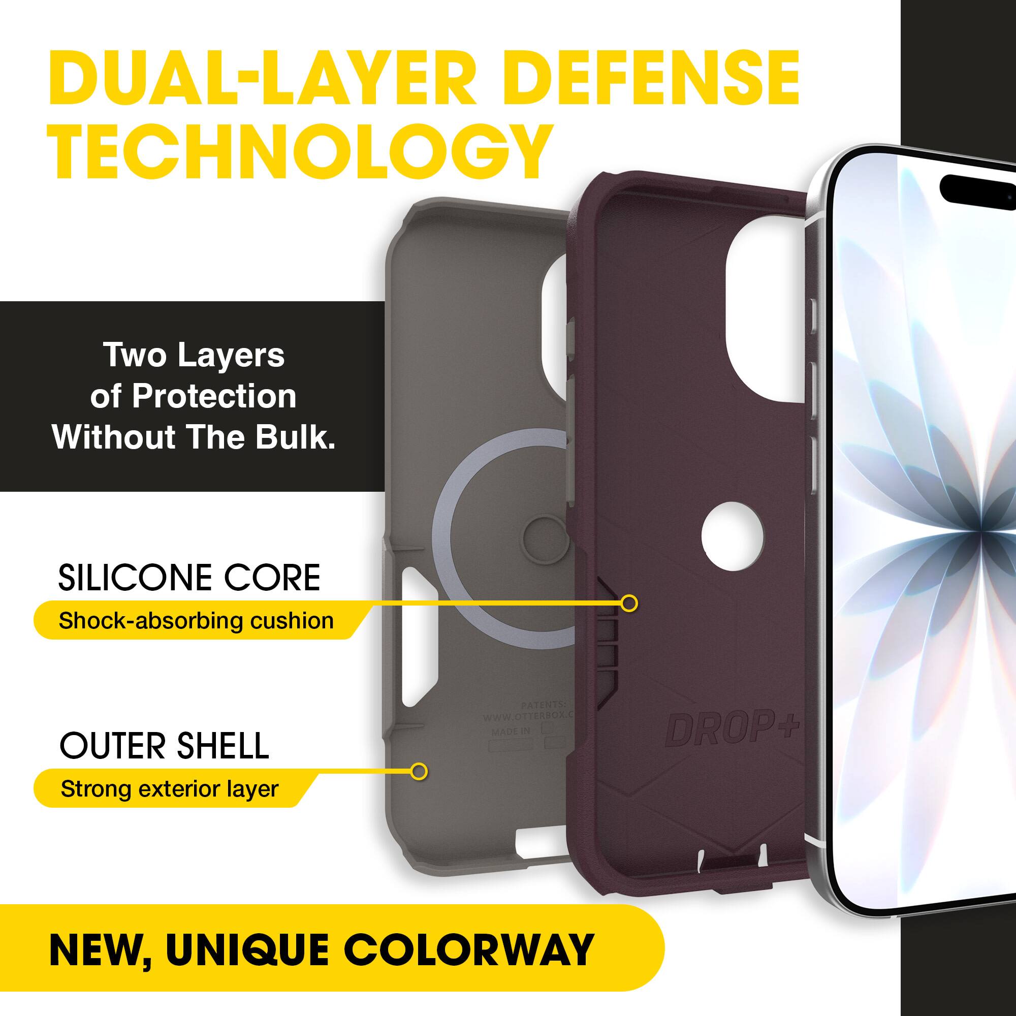 DUAL-LAYER DEFENSE TECHNOLOGY  
Two Layers of Protection Without The Bulk.  

SILICONE CORE  
Shock-absorbing cushion  

OUTER SHELL  
Strong exterior layer  

NEW, UNIQUE COLORWAY  

PATENTS  
WWW.OTTERBOX.COM  
MADE IN USA  

DROP+