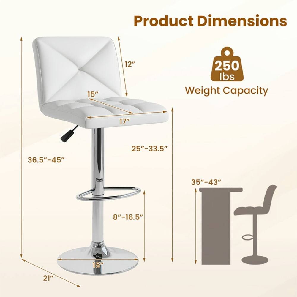 Product Dimensions:  
- Seat Height: 15"  
- Seat Depth: 17"  
- Seat Width: 12"  
- Back Height: 12"  
- Overall Height: 36.5"-45"  
- Seat to Floor Height: 25"-33.5"  
- Base Diameter: 15"  
- Base Height: 8"-16.5"  
- Overall Width: 21"  

Weight Capacity: 250 lbs