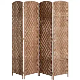 PULUZ - Room Divider 4 Panel, 6FT Tall Folding Privacy Screen, Freestanding Hand-Woven Partition for Room Separation - Natural