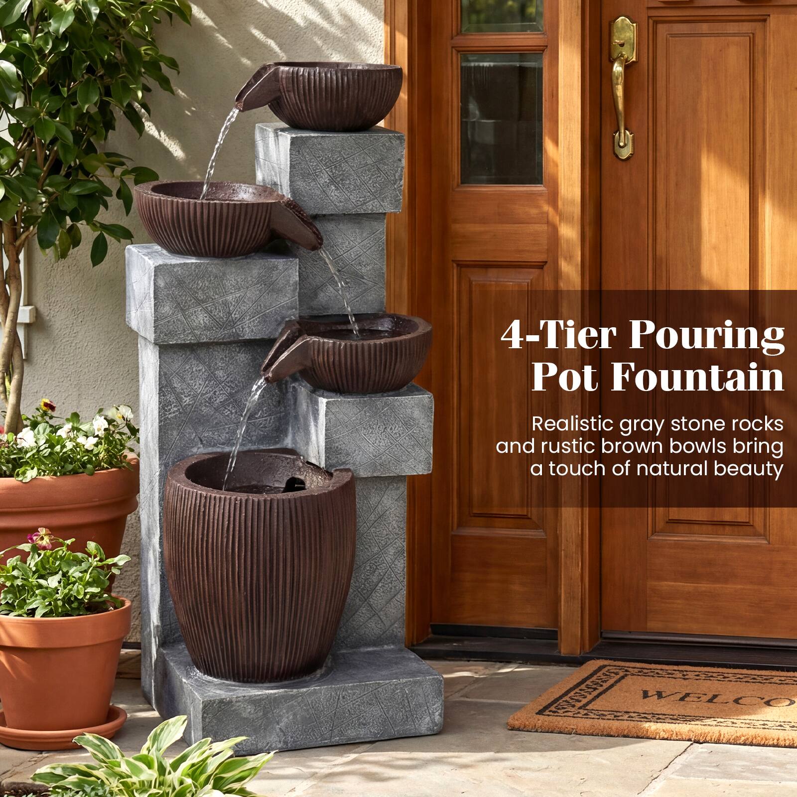 4-Tier Pouring Pot Fountain  
Realistic gray stone rocks and rustic brown bowls bring a touch of natural beauty