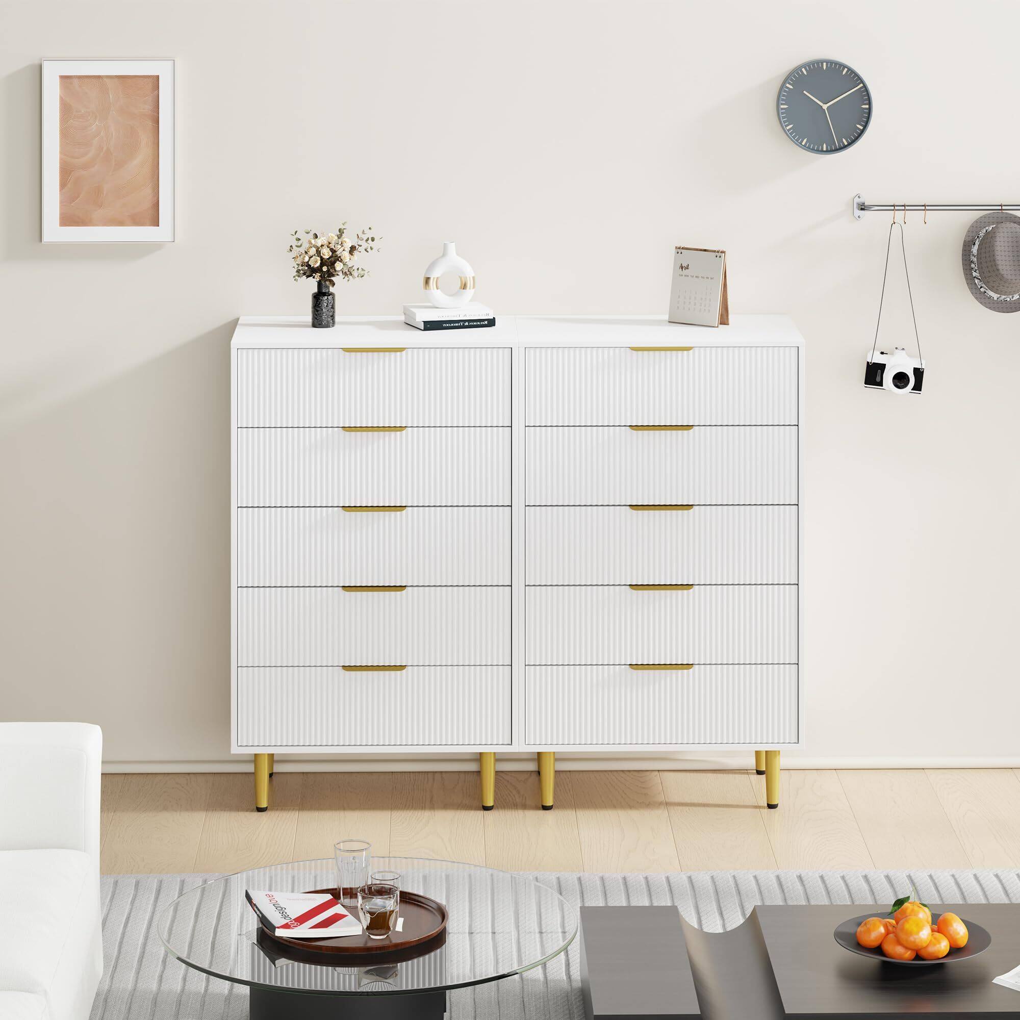 Alt View 6. Acekool - Fluted Dresser for Bedroom with 5 Drawers, Wooden Chest of Drawers with Metal Handle & Feet - White.