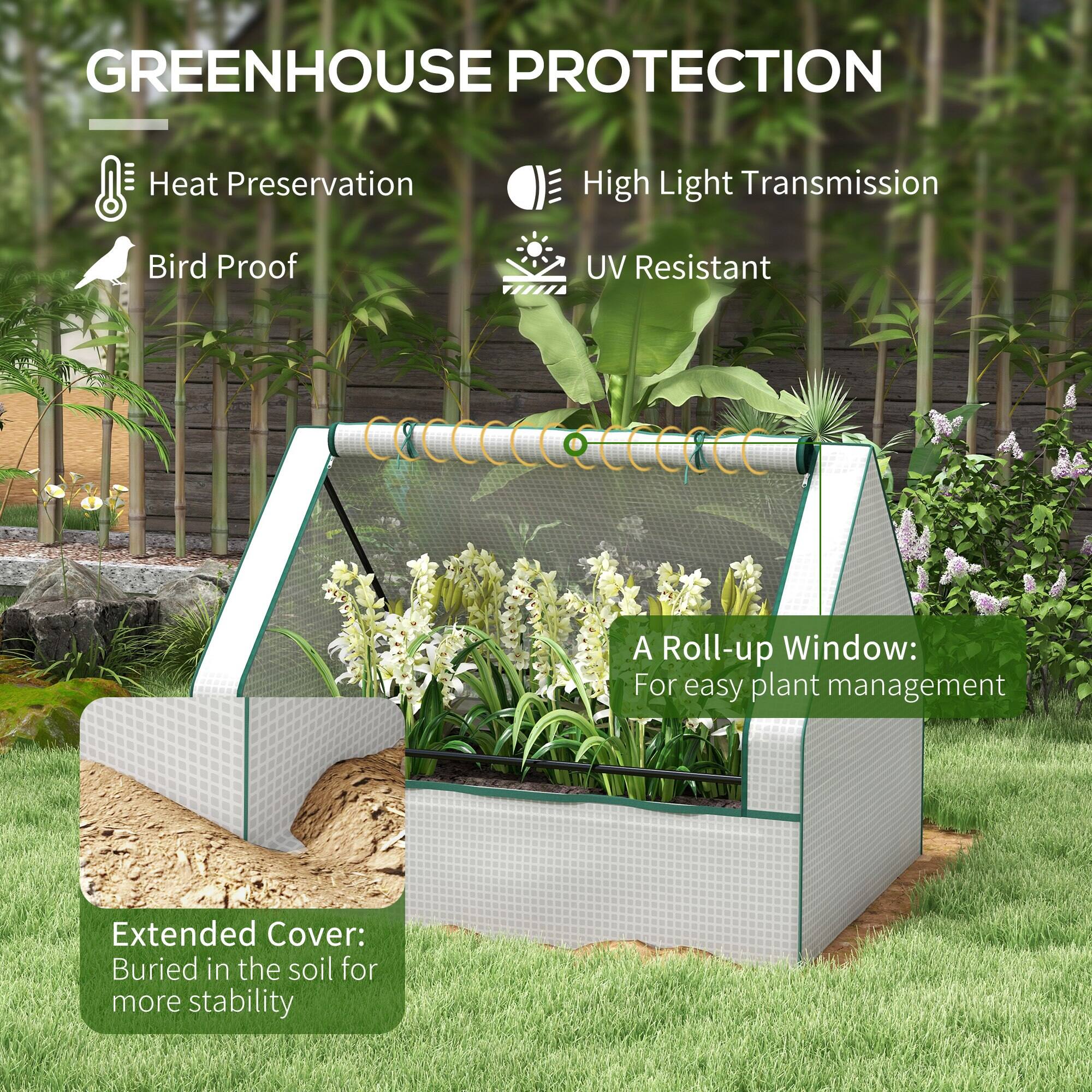 GREENHOUSE PROTECTION

- Heat Preservation
- High Light Transmission
- Bird Proof
- UV Resistant

A Roll-up Window: For easy plant management

Extended Cover: Buried in the soil for more stability