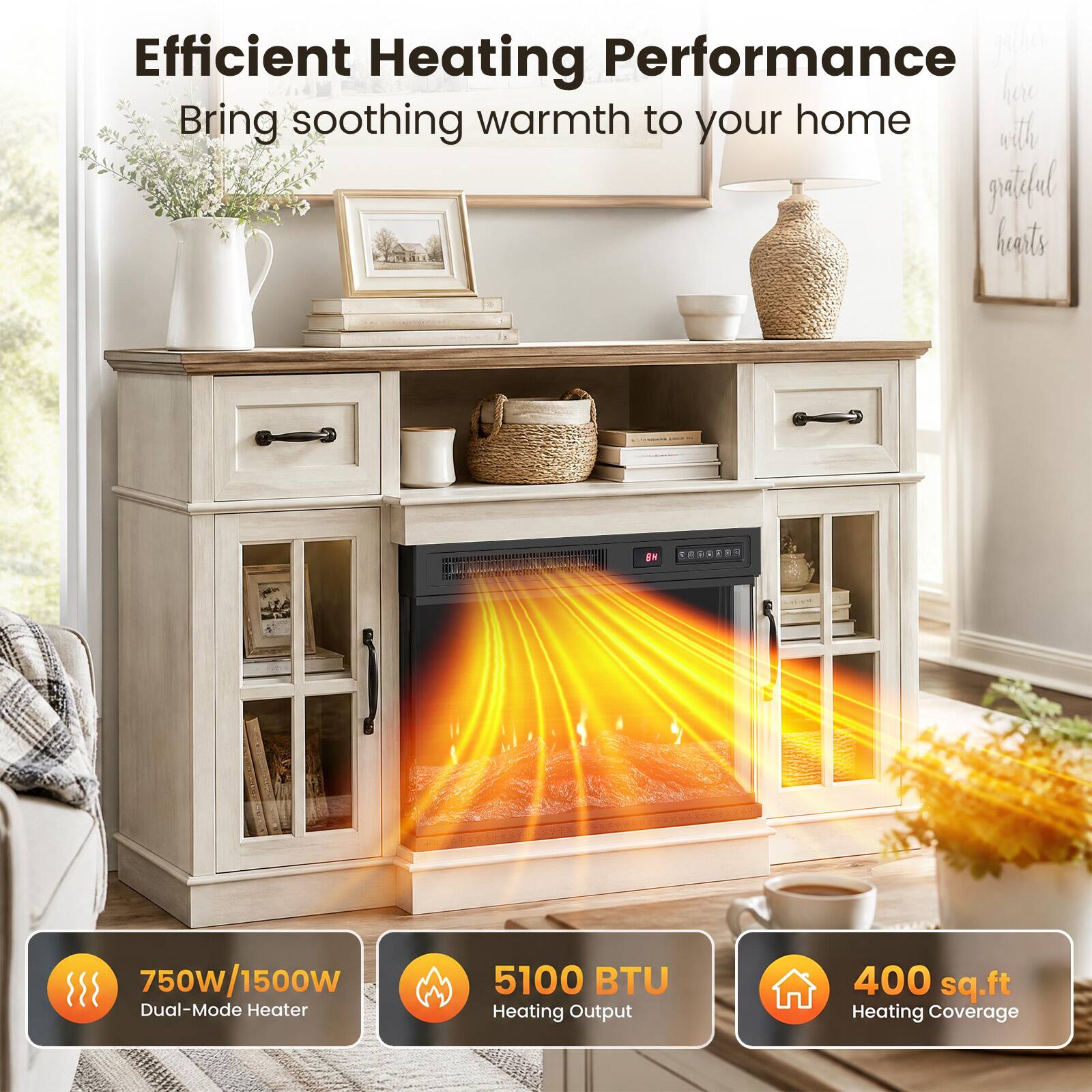Efficient Heating Performance  
Bring soothing warmth to your home  

750W/1500W Dual-Mode Heater  
5100 BTU Heating Output  
400 sq.ft Heating Coverage