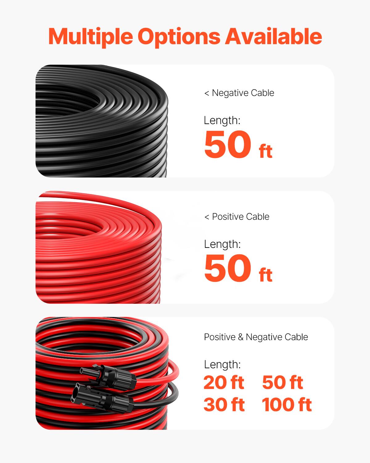 Multiple Options Available

Negative Cable
Length: 50 ft

Positive Cable
Length: 50 ft

Positive & Negative Cable
Length: 20 ft, 50 ft, 30 ft, 100 ft