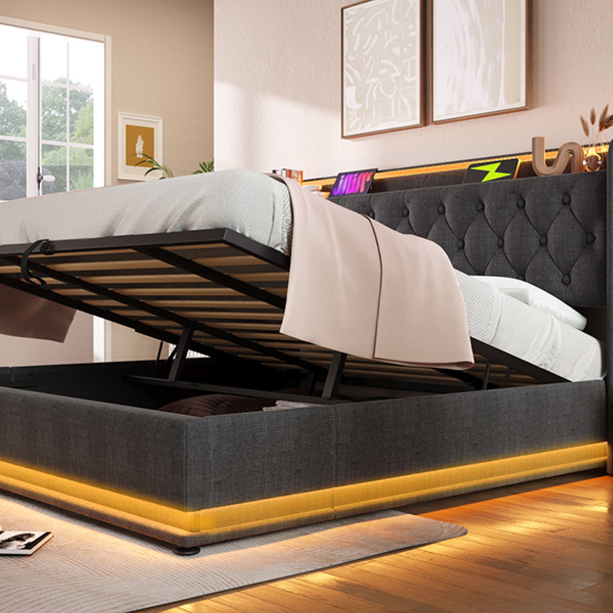 Alt View 2. GOODSILO - King Size Upholstered Bed with LED Lighting, Hydraulic Storage, and USB Charging - Gray.