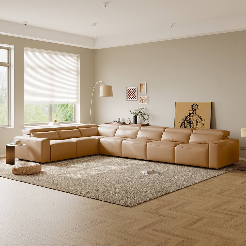 Front. POVISON - 171.26" Power L Shape Modular Couch With 2 Recliner Seats, USB/Type C Charging Port, Adjustable Headrest, Khaki - Khaki Sustainable Leather.
