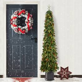 Glitzhome - 7ft Pre-lit Artificial Christmas Porch Tree, red berries,pinecones, 250 warm white lights,3 function, Foot Pedal - Green