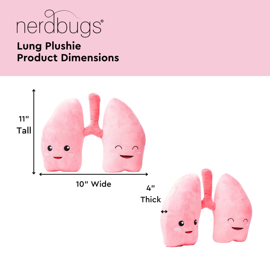 nerdbugs®  
Lung Plushie  
Product Dimensions  

11" Tall  
10" Wide  
4" Thick