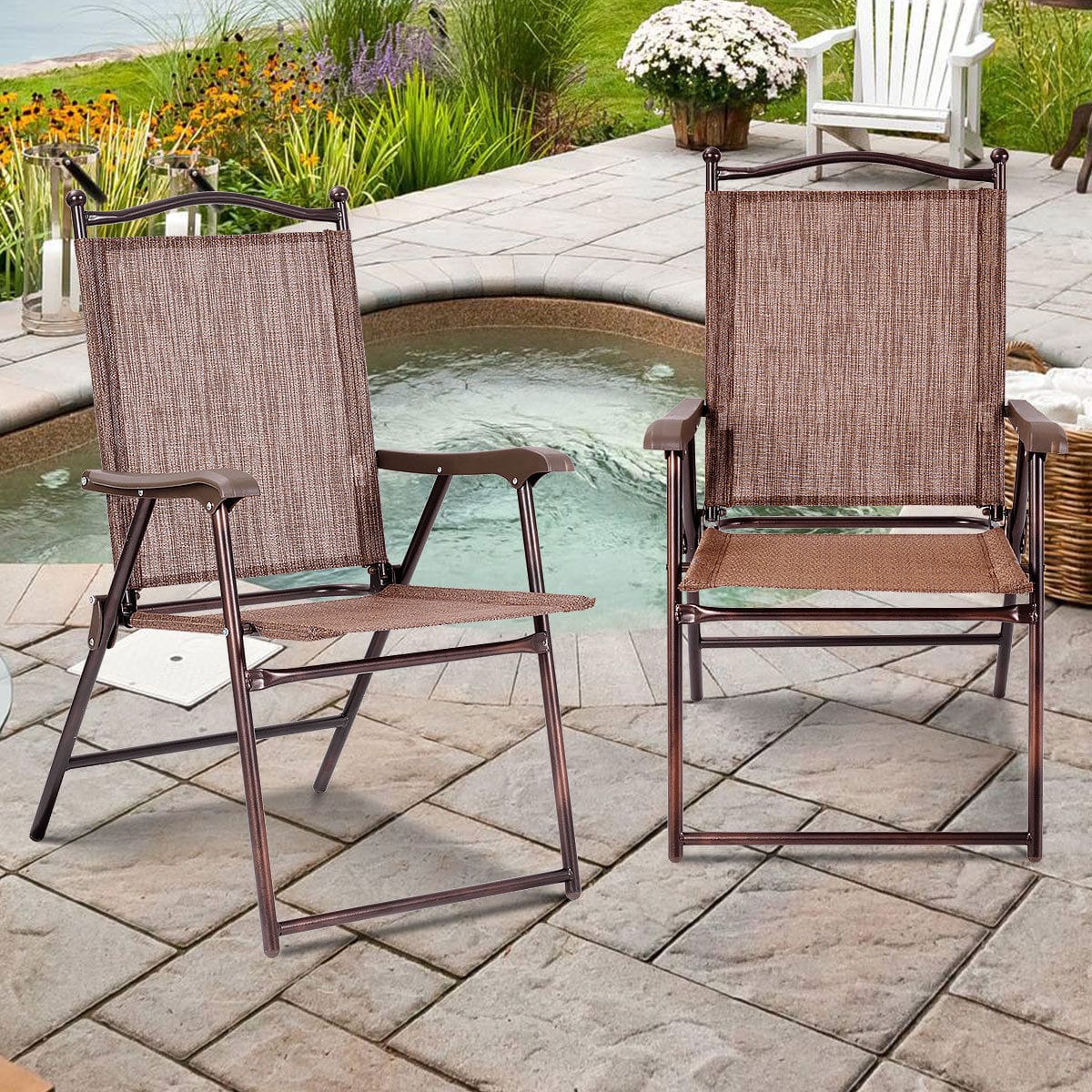 Gymax - Set of 2 Folding Patio Furniture Sling Back Chairs Outdoors - Brown