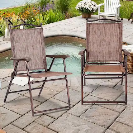 Front. Gymax - Gymax Set of 2 Folding Patio Furniture Sling Back Chairs Outdoors brown - brown.