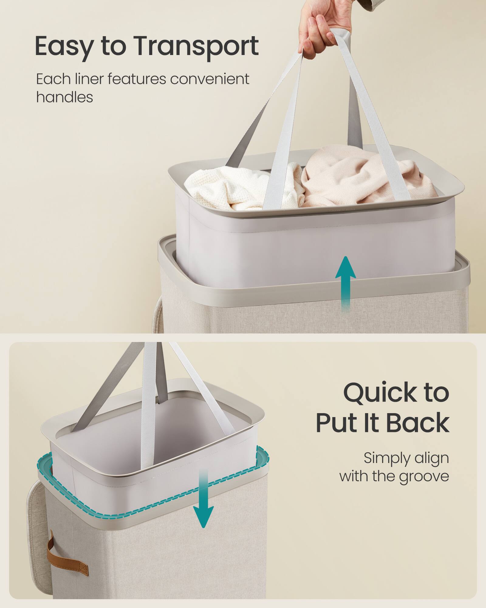 Easy to Transport  
Each liner features convenient handles

Quick to Put It Back  
Simply align with the groove