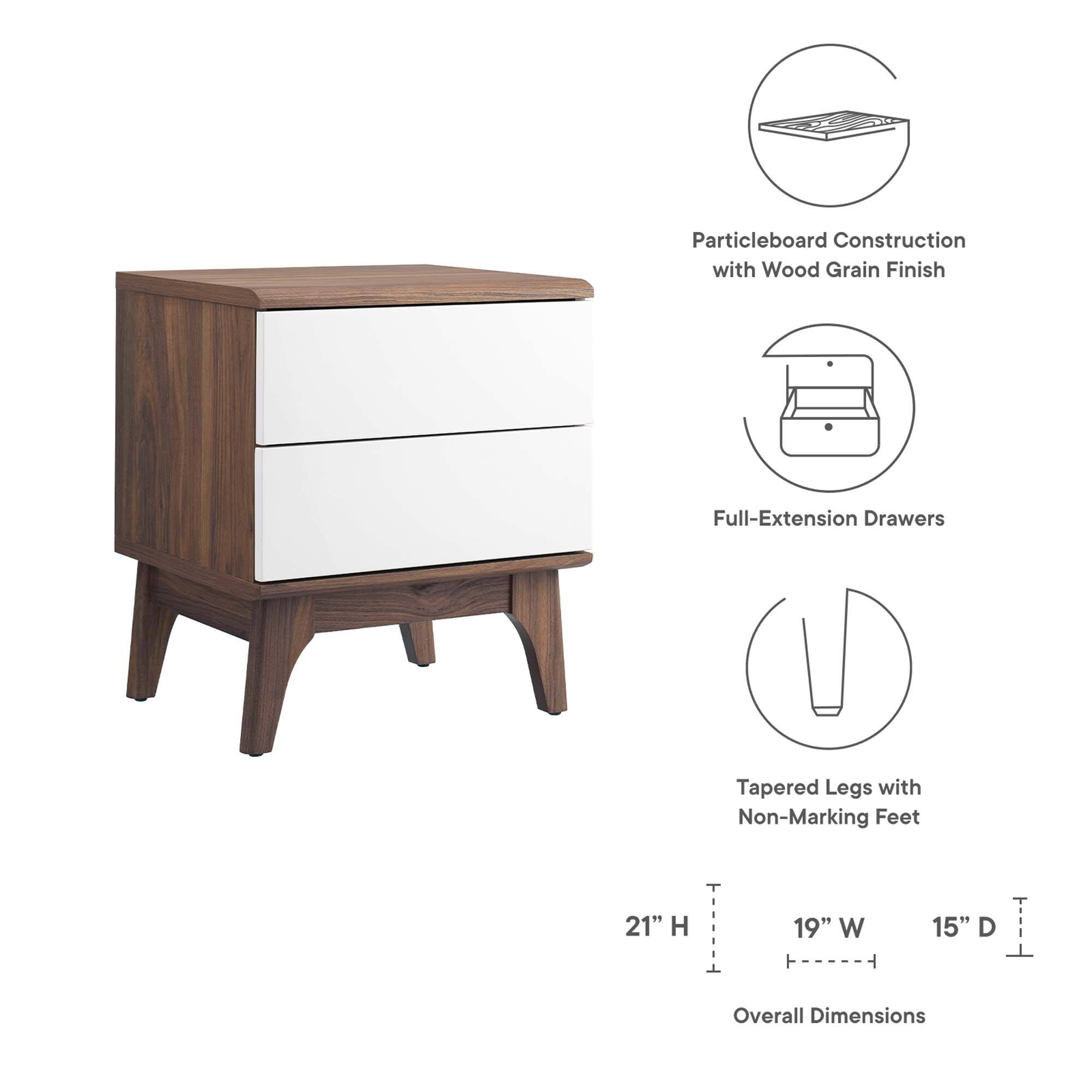 Particleboard Construction with Wood Grain Finish  
Full-Extension Drawers  
Tapered Legs with Non-Marking Feet  

Overall Dimensions:  
21" H x 19" W x 15" D