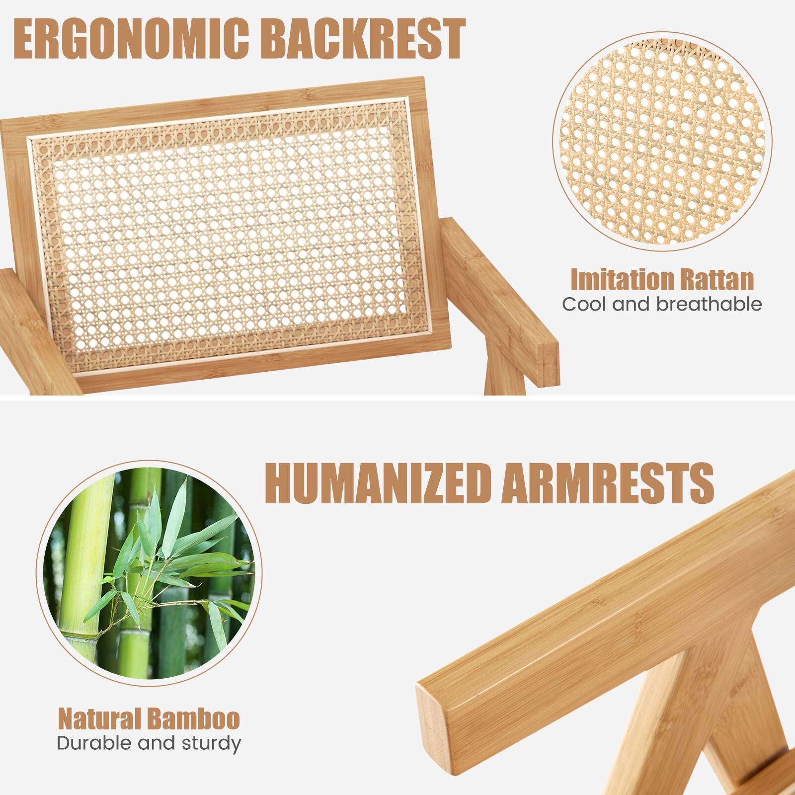 The image features a wooden chair with an ergonomic backrest and a humanized armrest. The backrest is made of imitation rattan, which is cool and breathable, providing comfort to the user. The armrest is made of natural bamboo, which is durable and sturdy, ensuring long-lasting use.