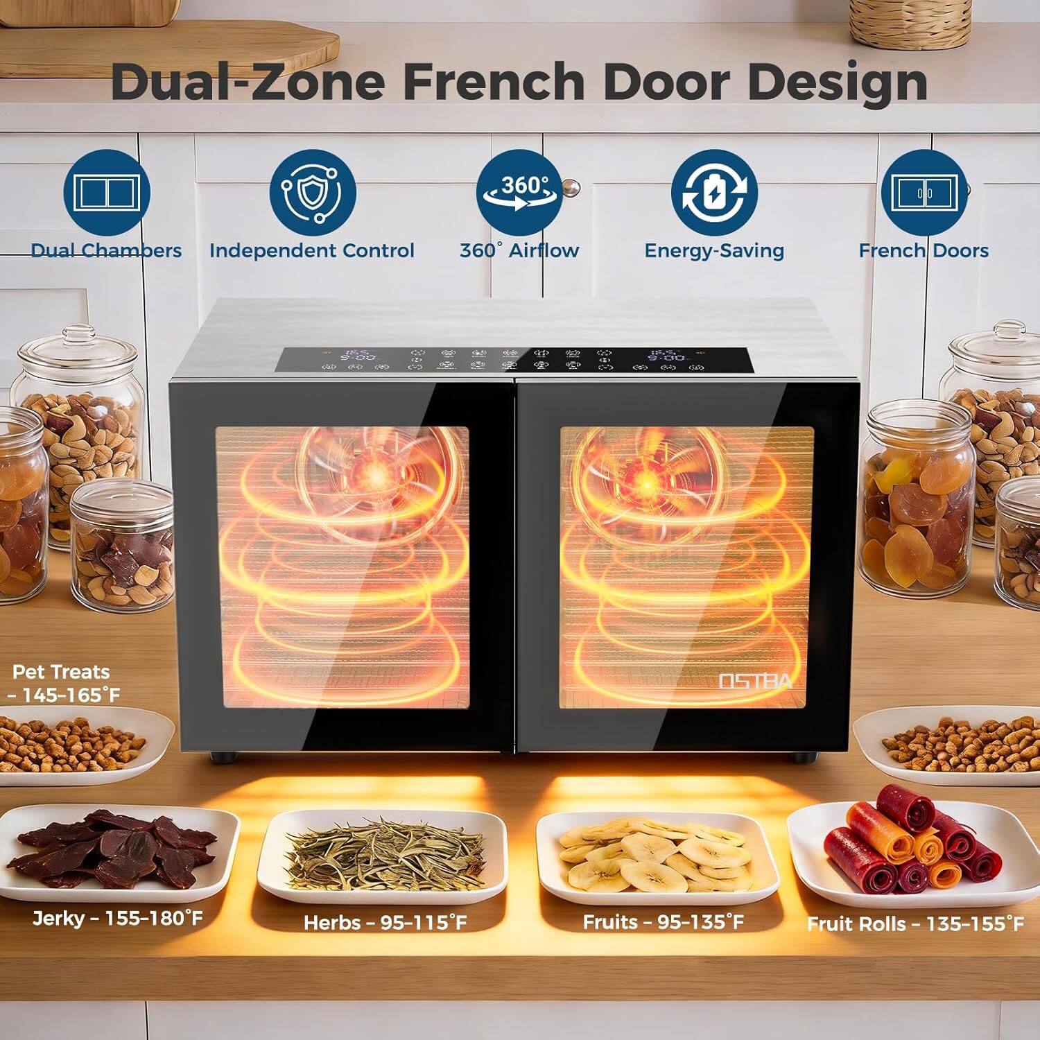 Dual-Zone French Door Design  
360 Dual Chambers Independent Control  
360 Airflow  
Energy-Saving  
French Doors  

Pet Treats - 145-165°F  
Jerky - 155-180°F  
Herbs - 95-115°F  
Fruits - 95-135°F  
Fruit Rolls - 135-155°F