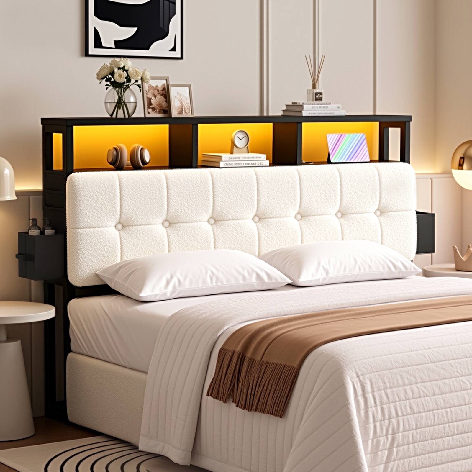Alt View 1. Pinmoco - Upholstered Headboard with Storage, Charging Station & LED Light, Headboard Only - Off-white.