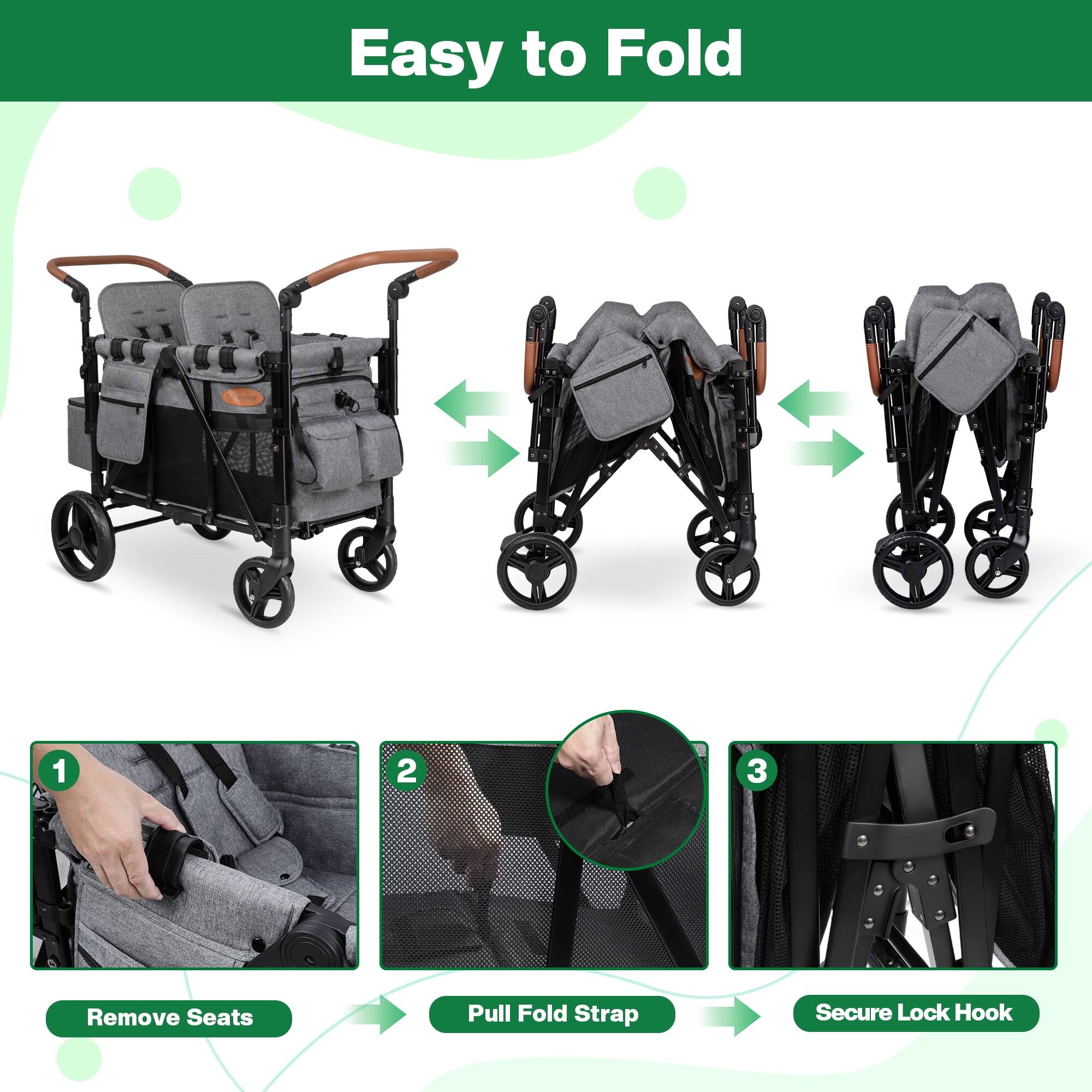 Easy to Fold

1. Remove Seats
2. Pull Fold Strap
3. Secure Lock Hook