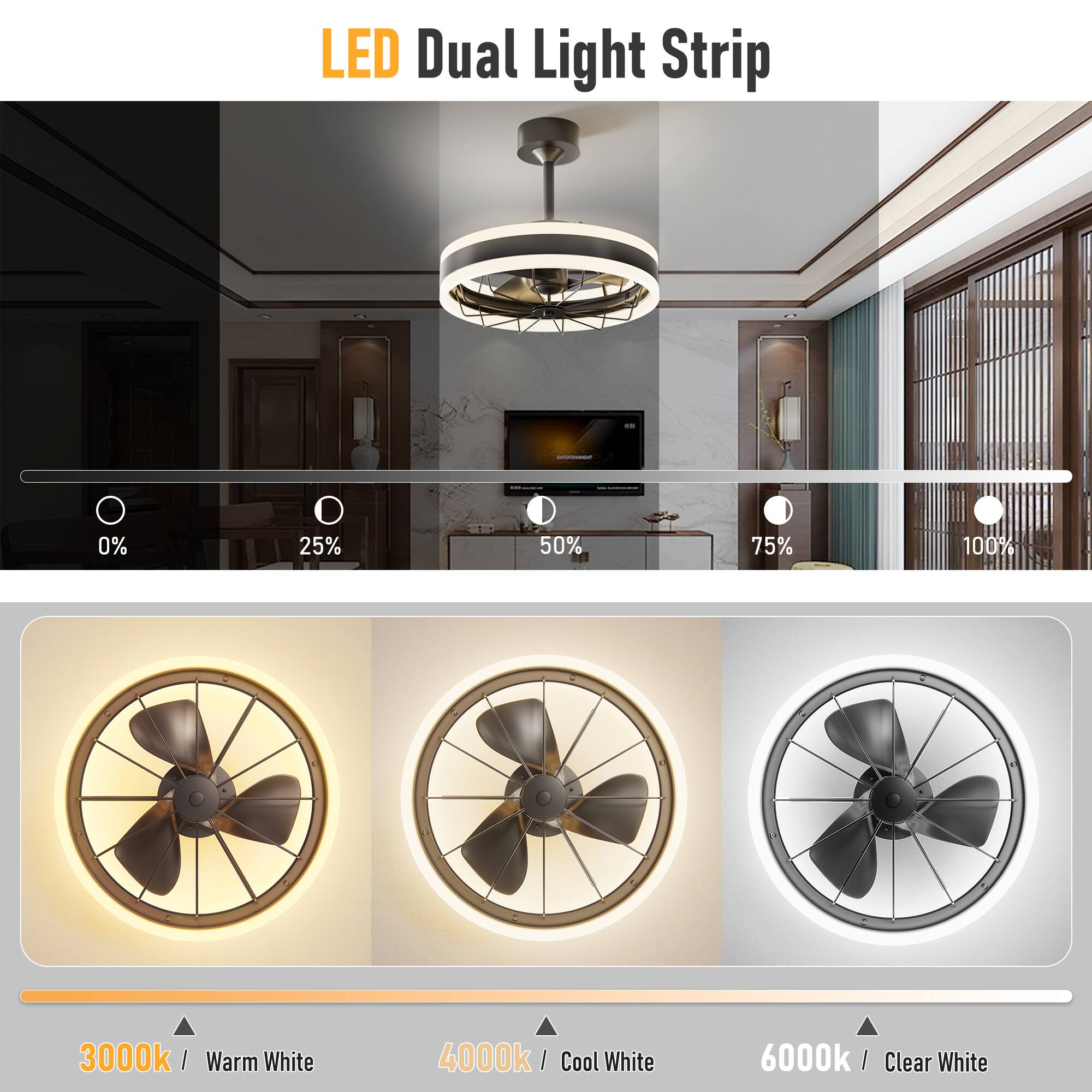 LED Dual Light Strip

- 0%
- 25%
- 50%
- 75%
- 100%

- 3000k / Warm White
- 4000k / Cool White
- 6000k / Clear White