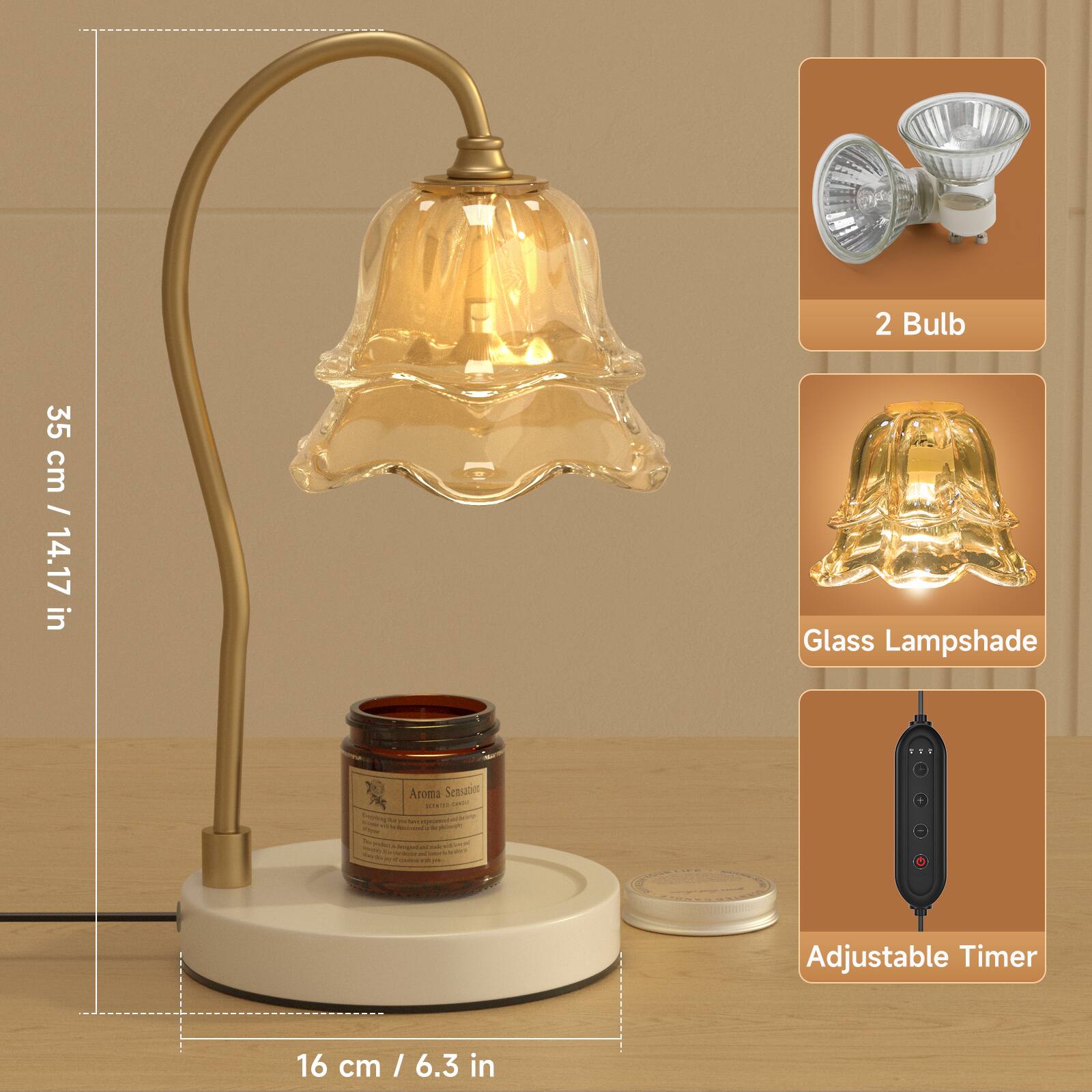 2 Bulb  
35 cm / 14.17 in  
Glass Lampshade  
Adjustable Timer  
16 cm / 6.3 in