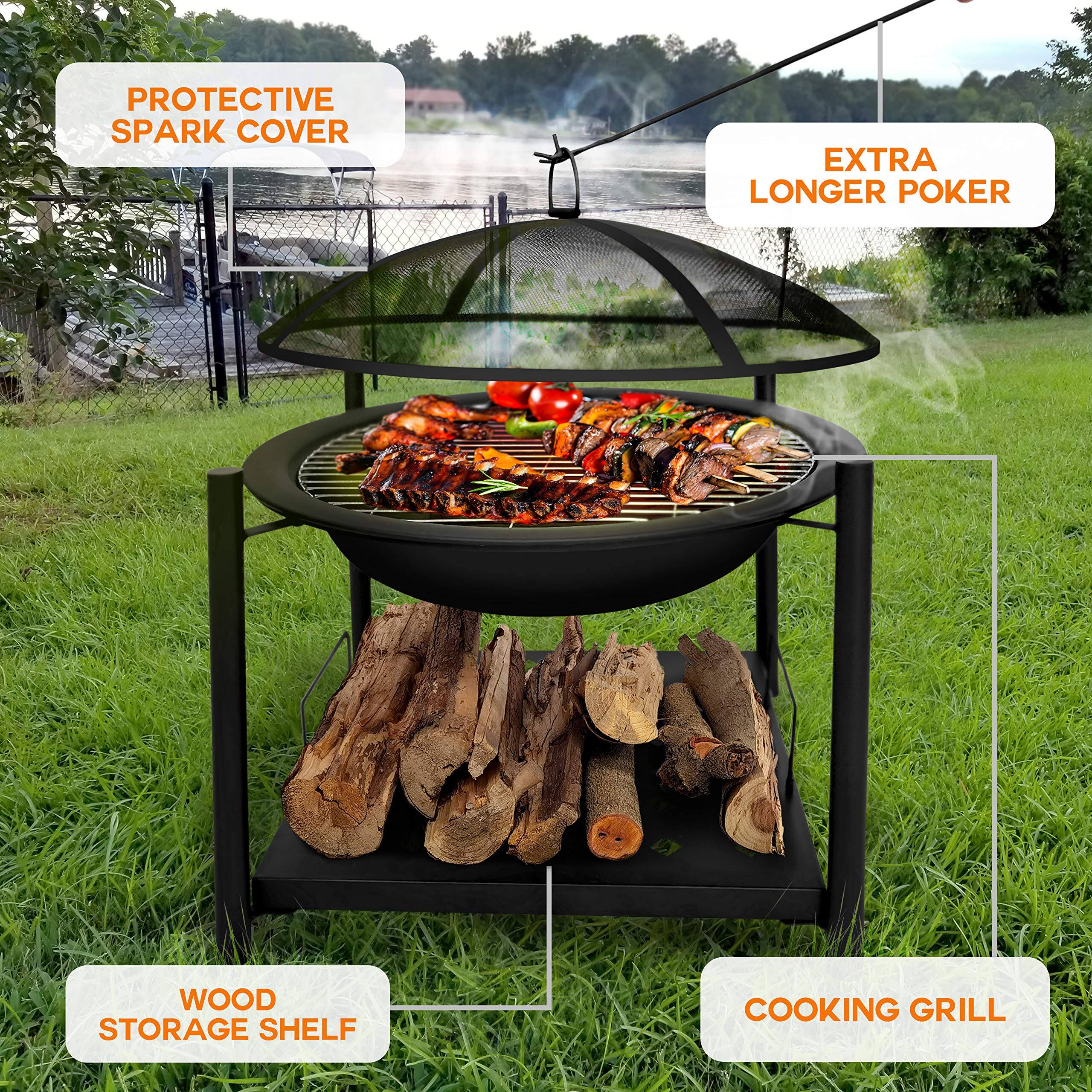- PROTECTIVE SPARK COVER
- EXTRA LONGER POKER
- WOOD STORAGE SHELF
- COOKING GRILL