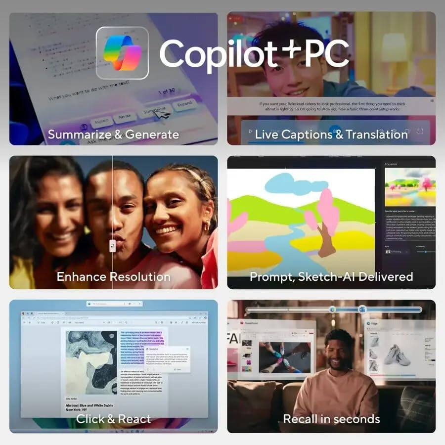 Copilot + PC

- Summarize & Generate
- Live Captions & Translation
- Enhance Resolution
- Prompt, Sketch-AI Delivered
- Click & React
- Recall in seconds