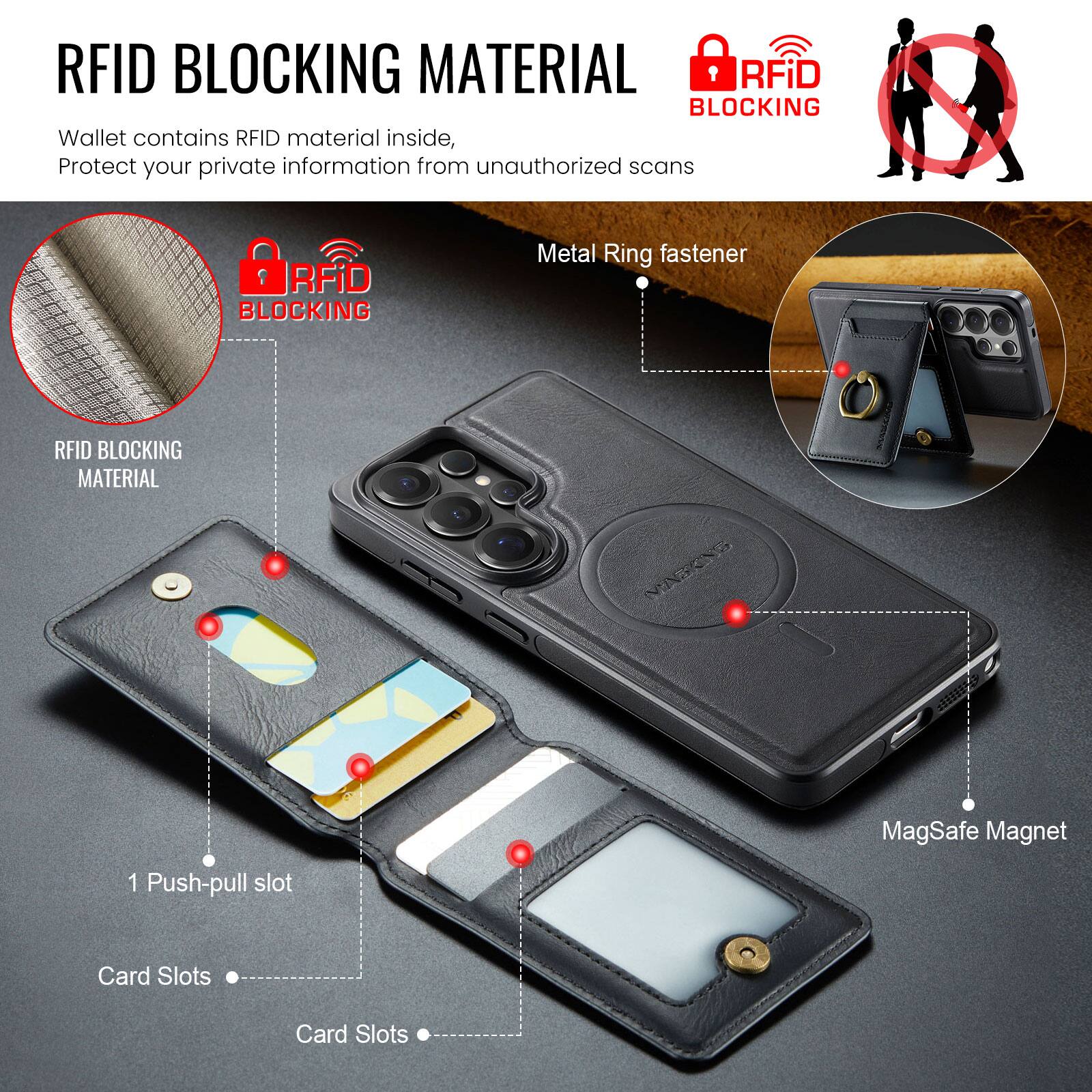 RFID BLOCKING MATERIAL

Wallet contains RFID material inside, Protect your private information from unauthorized scans

RFID BLOCKING MATERIAL

Metal Ring fastener

1 Push-pull slot

Card Slots

Card Slots

MagSafe Magnet