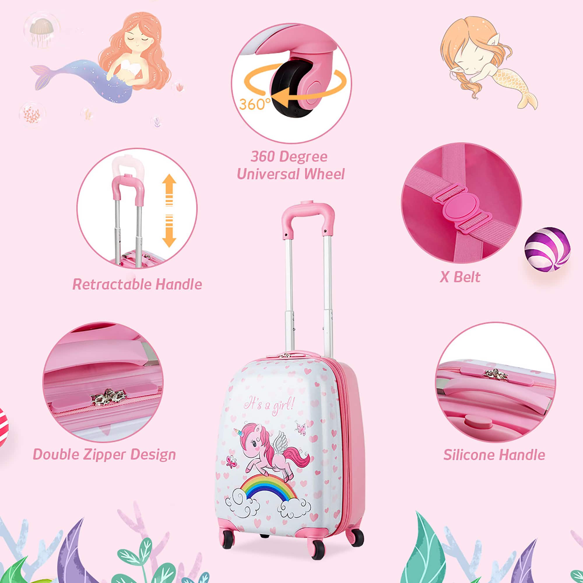 The image features a pink suitcase with a rainbow design on it. The suitcase has a retractable handle and a double zipper design. The handle is made of silicone, providing a comfortable grip. The suitcase is also equipped with 360-degree universal wheels, allowing for easy maneuvering. The design is inspired by a girl, making it a fun and stylish choice for travel.