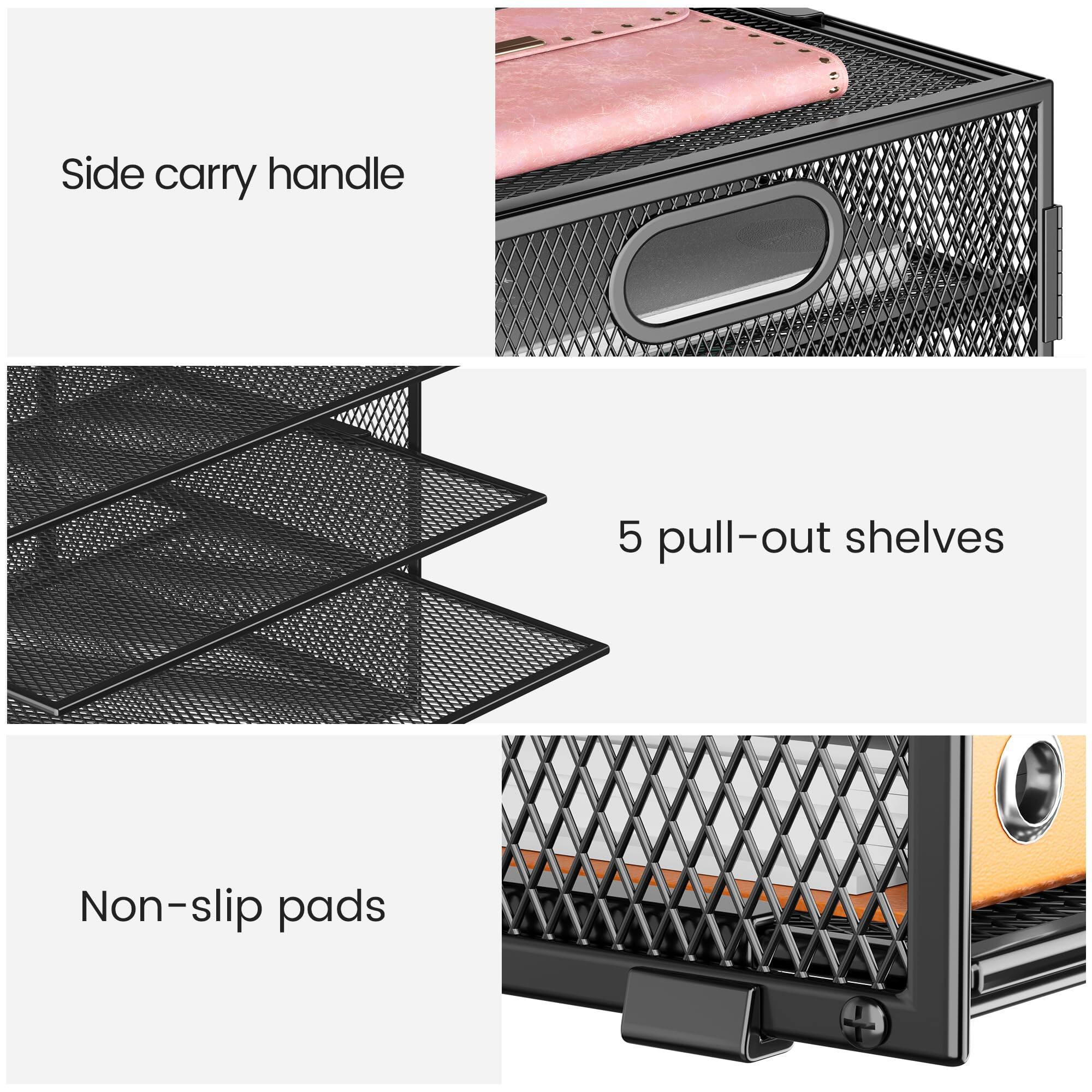 - Side carry handle
- 5 pull-out shelves
- Non-slip pads