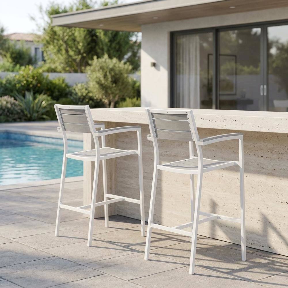 Left. Outdoor Escape - Outdoor Patio Bar Stool Set Of 2 With Armrests And Sturdy Construction - Gray.
