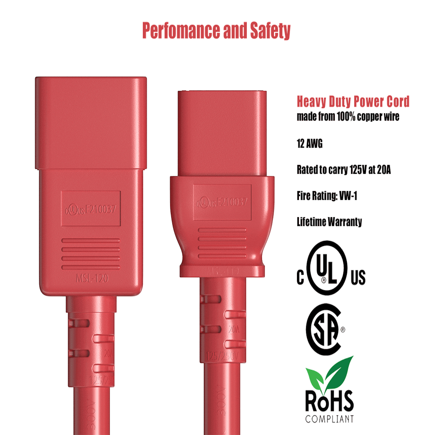Performance and Safety

Heavy Duty Power Cord  
made from 100% copper wire  
12 AWG  
Rated to carry 125V at 20A  
Fire Rating: VW-1  
Lifetime Warranty  

MSI-120  

UL US  
ROHS COMPLIANT