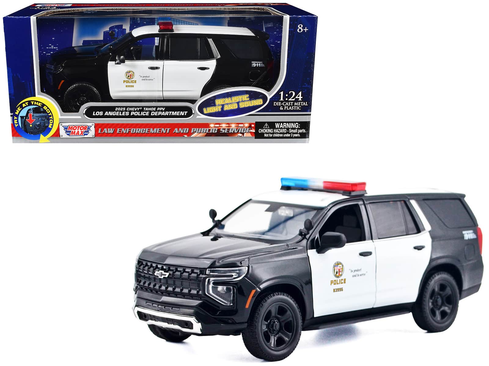 "2025 Chevrolet Tahoe PPV ""LAPD"" Black and White with Light Bar and Lights and Sounds 1/24 Diecast Model Car by Motormax" price history on PriceWatchPro