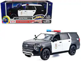 2025 Chevrolet Tahoe PPV "LAPD" Black and White with Light Bar and Lights and Sounds 1/24 Diecast Model Car by Motormax