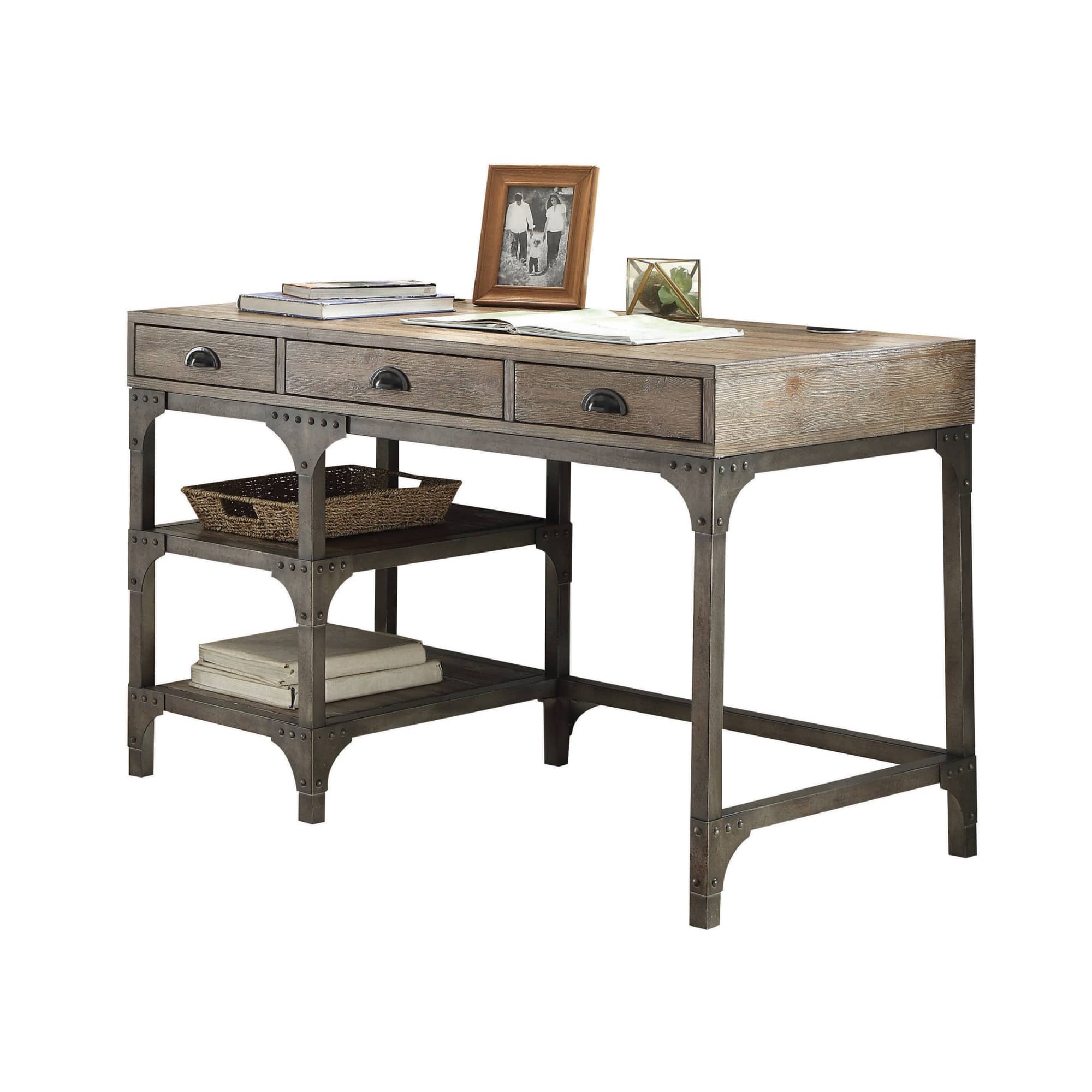 GOODSILO - Weathered Finish Antique Silver Metal Writing Desk with Three Drawers and Open Shelves - Oak