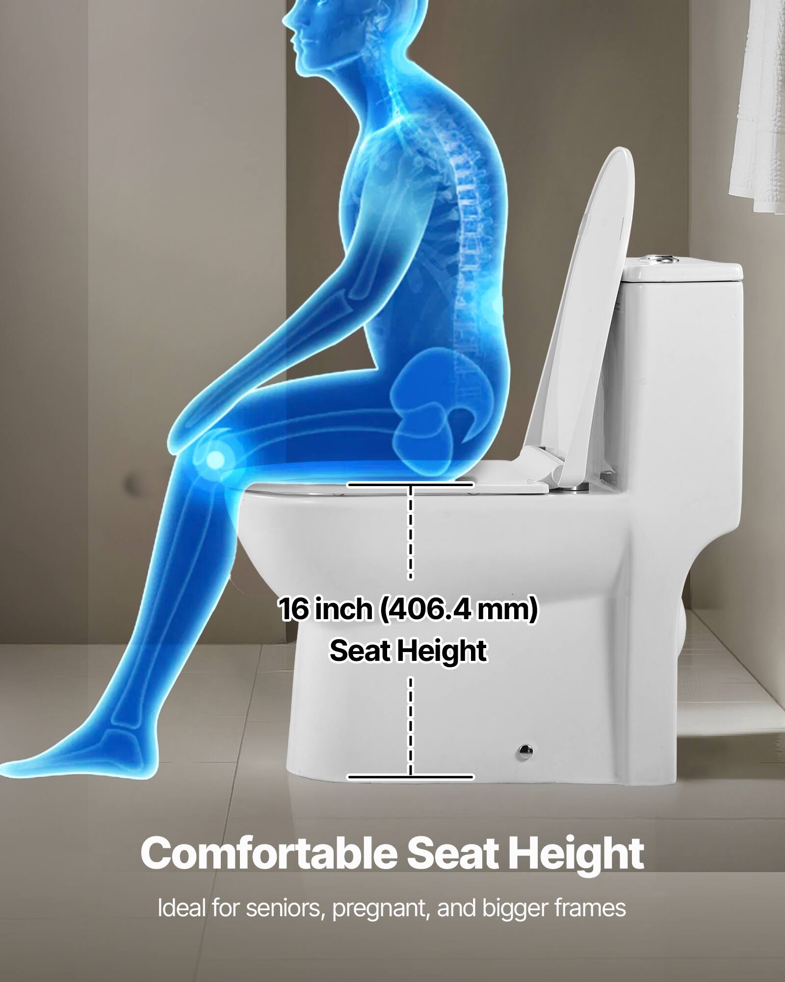 16 inch (406.4 mm) Seat Height  
Comfortable Seat Height  
Ideal for seniors, pregnant, and bigger frames