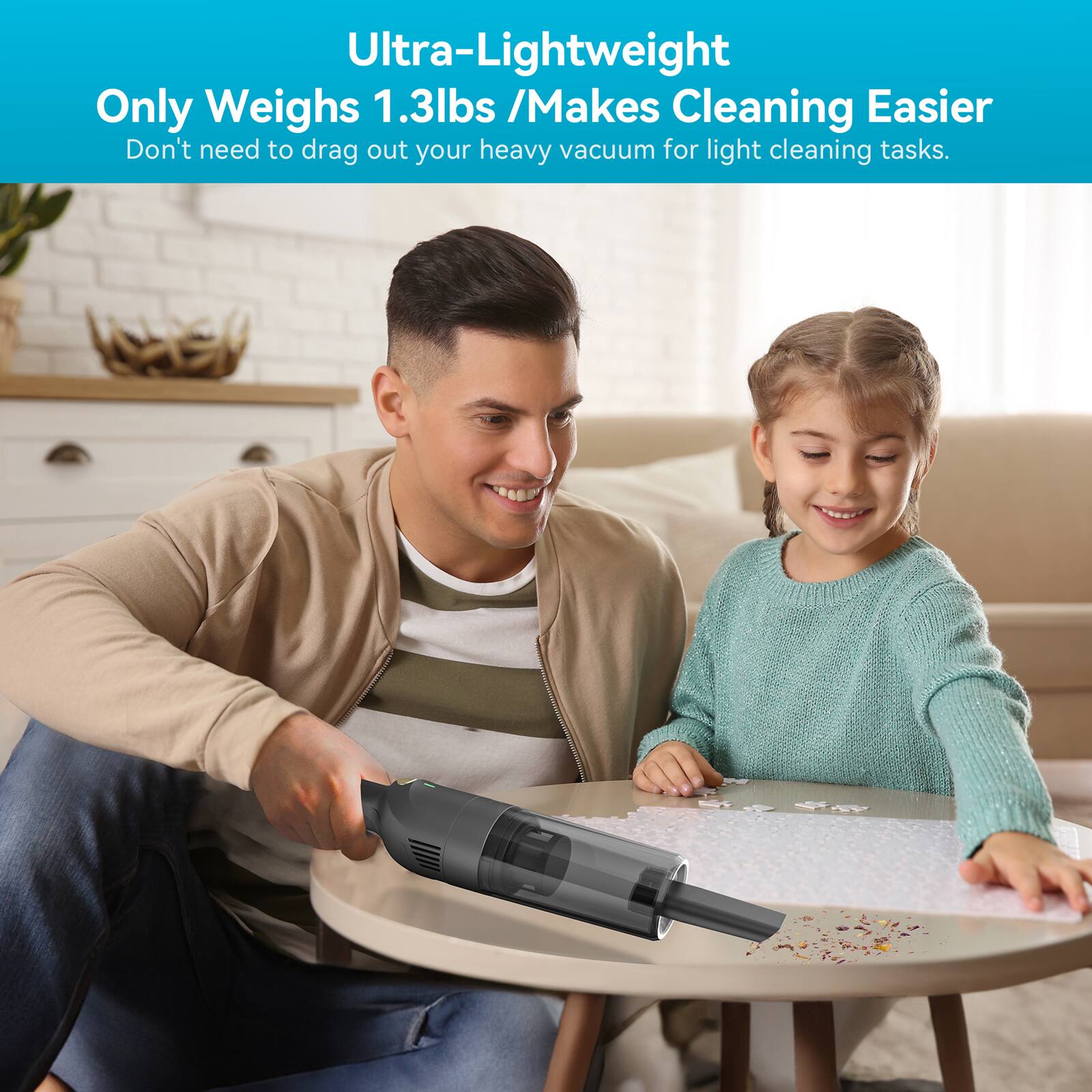 Ultra-Lightweight  
Only Weighs 1.3lbs / Makes Cleaning Easier  
Don't need to drag out your heavy vacuum for light cleaning tasks.