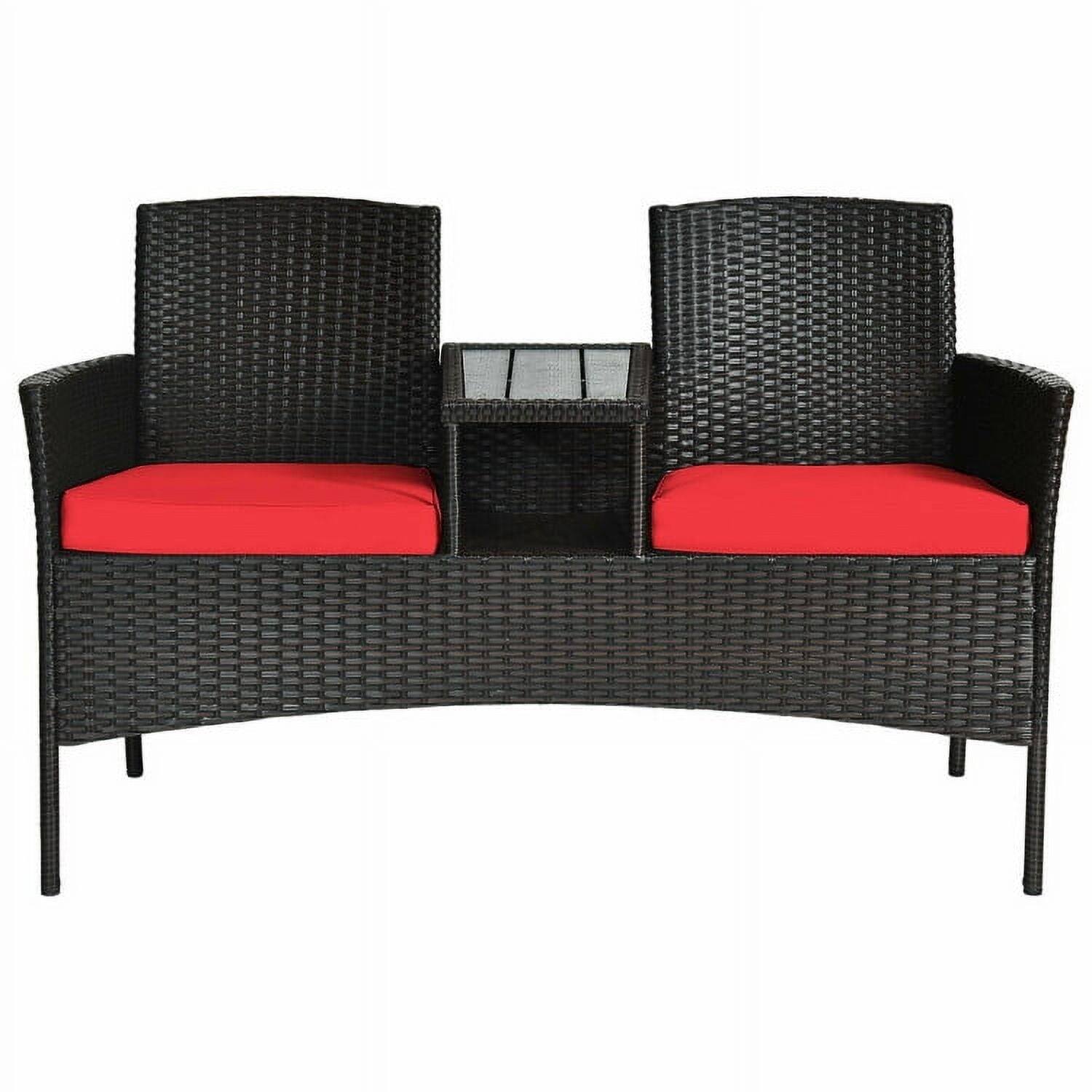 Left. Kadyn - 3 Pc Patio Conversation Bistro Set with Seat Outdoor Rattan Patio Conversation Set with Built-in Coffee Table and Cushio - Red.