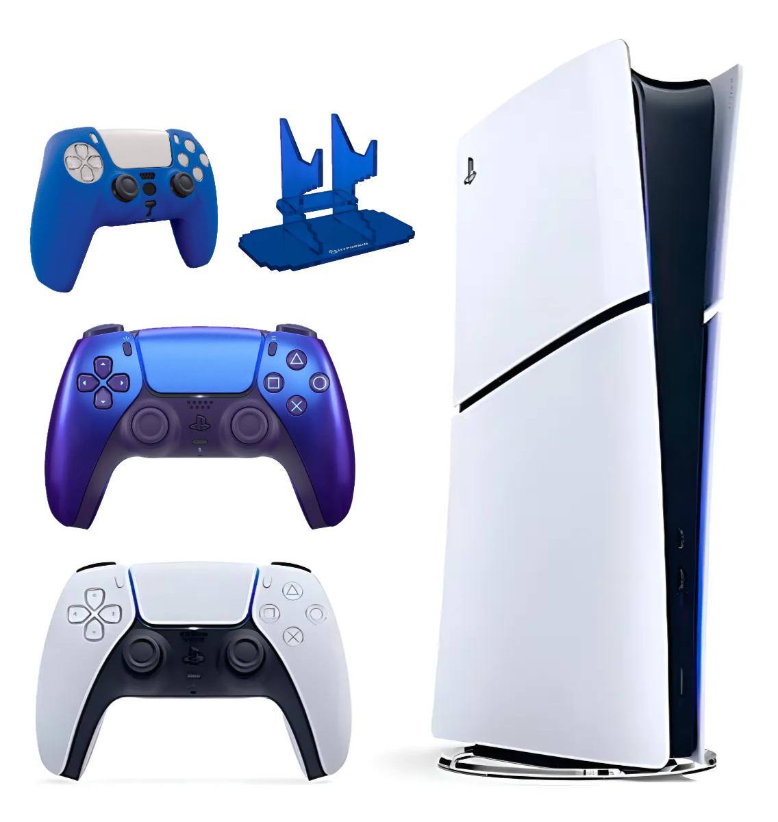 PS5 Slim Digital Fortnite Bundle + Chroma Indigo Controller + Blue Accs Lot - PlayStation 5