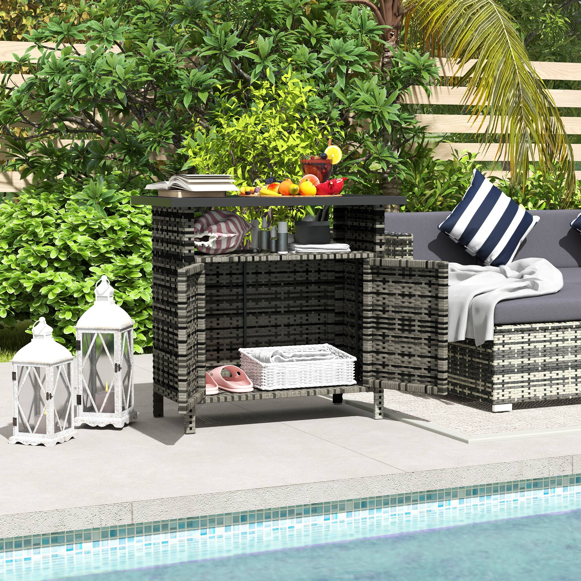 Alt View 1. Outsunny - Wicker Outdoor Storage Cabinet, Rattan Outdoor Bar Table with 2 Doors and Shelf, Outdoor Buffet Cabinet Sideboard - Mixed Gray.