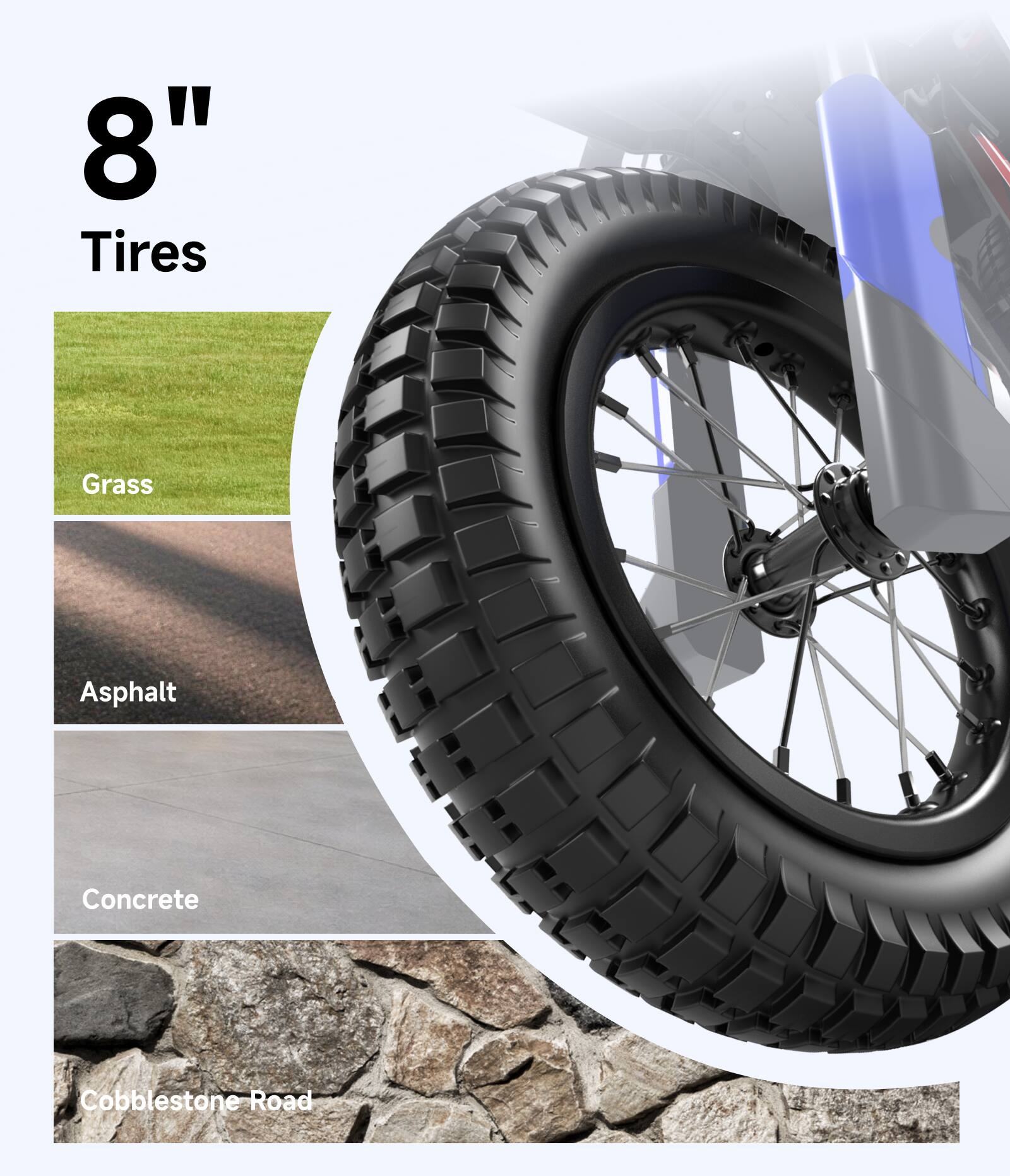 8" Tires

Grass
Asphalt
Concrete
Cobblestone Road