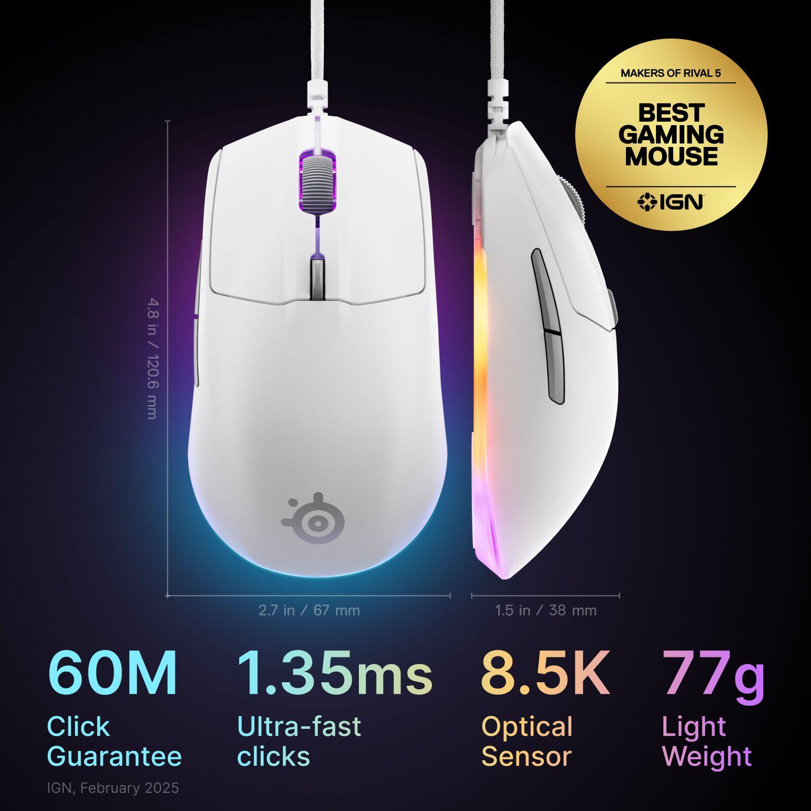 MAKERS OF RIVAL 5 BEST GAMING MOUSE IGN 4.8 in / in / 120.6 120.6 mm 2.7 in in / 67 / 67 mm 1.5 in / 38 mm 60M 1.35ms 8.5K 77g Click Ultra-fast Optical Light Guarantee clicks Sensor Weight IGN, February 2025