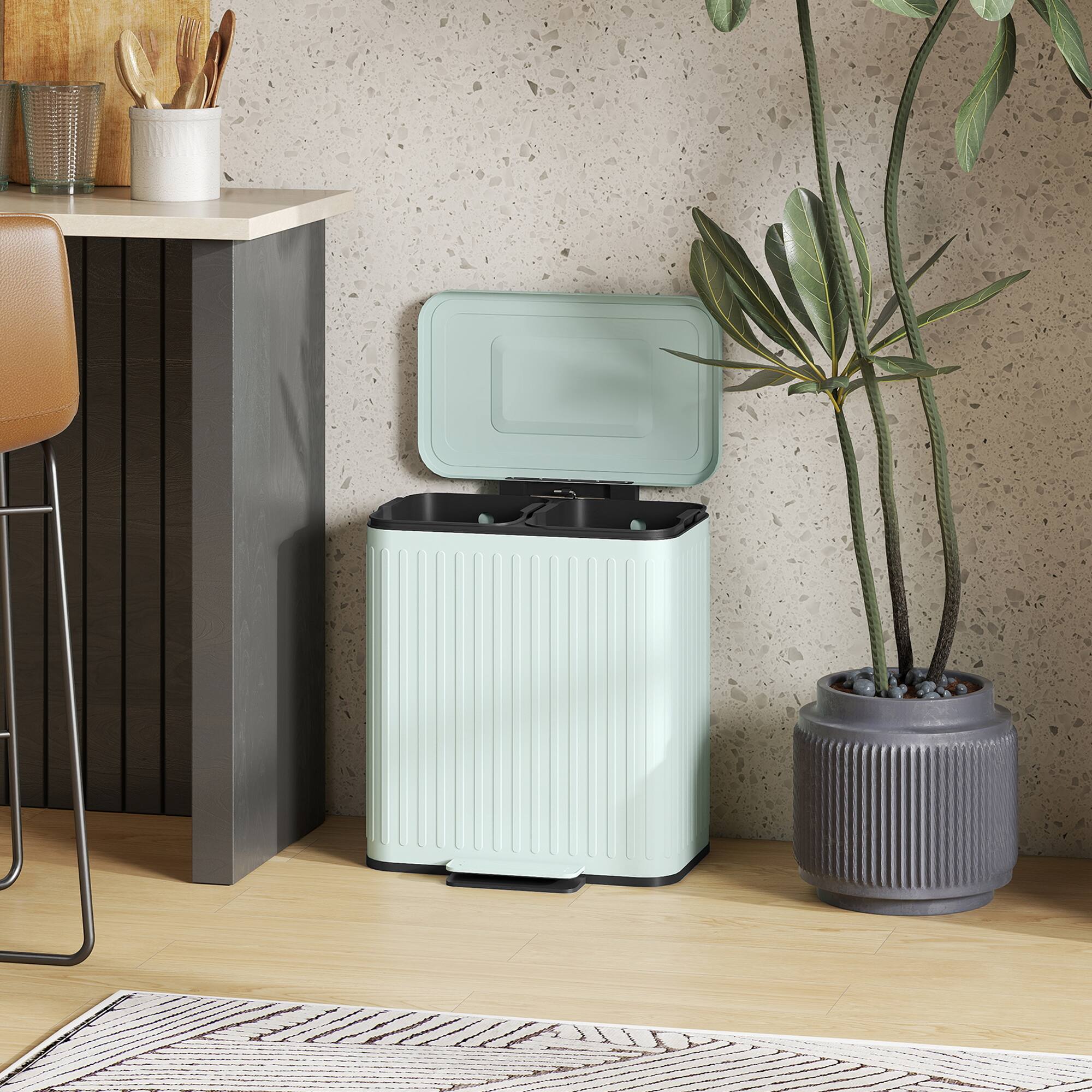 Alt View 8. Homcom - Trash Can with Lid, 2 x 5.3Gal Double Step-On Kitchen Trash Can with Rubbish Bags, Removable Buckets - Light Green.