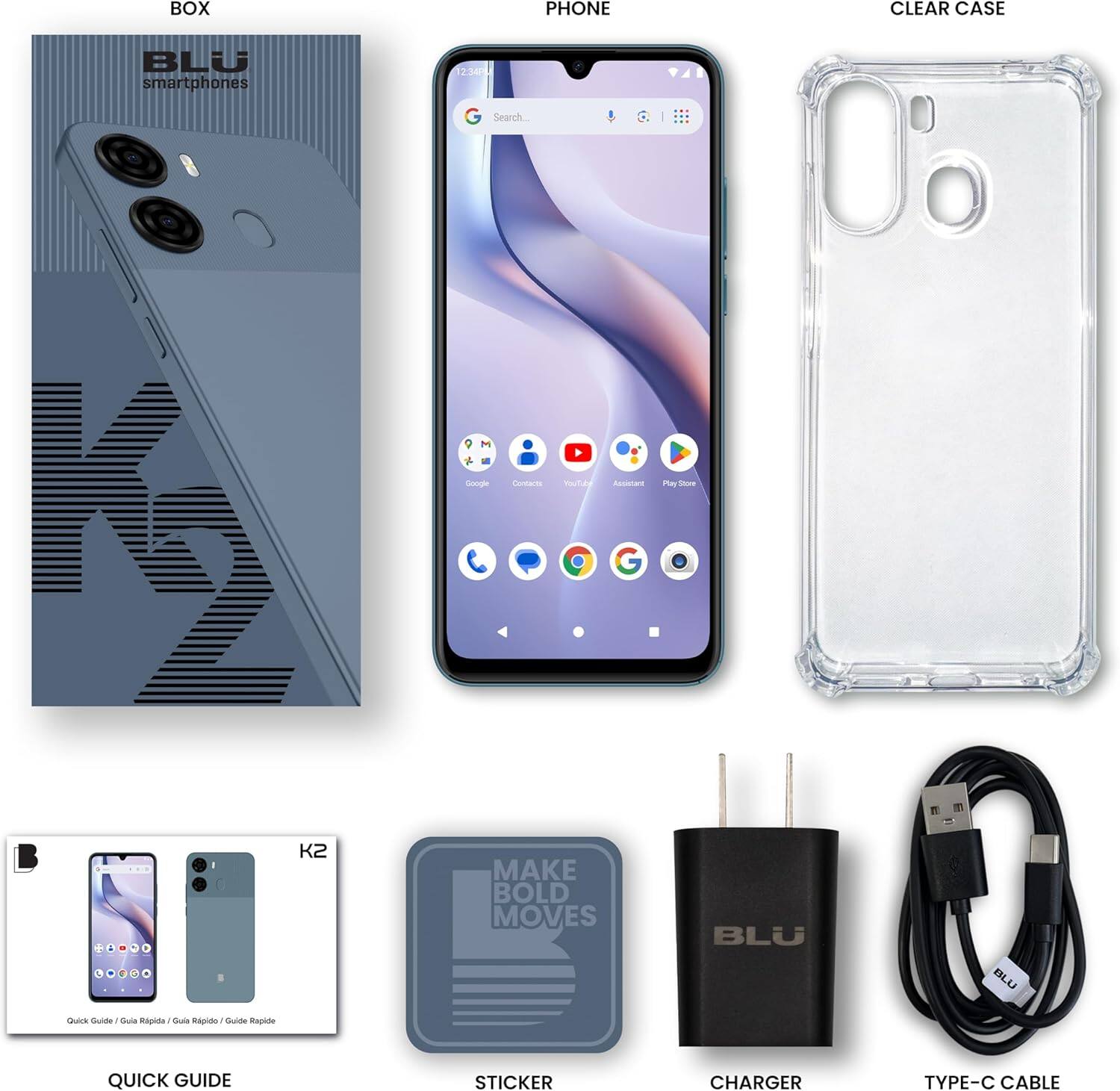 BOX PHONE CLEAR CASE BLU smartphones 2:34 G Search.. M Doogle coar YoulTa Ae Pay SA A - - . I K2 MAKE BOLD MOVES BLU BL.LJ s Bude Sula Rapida Dolo Ragrde Guide Rapate QUICK GUIDE STICKER CHARGER TYPE-C CABLE