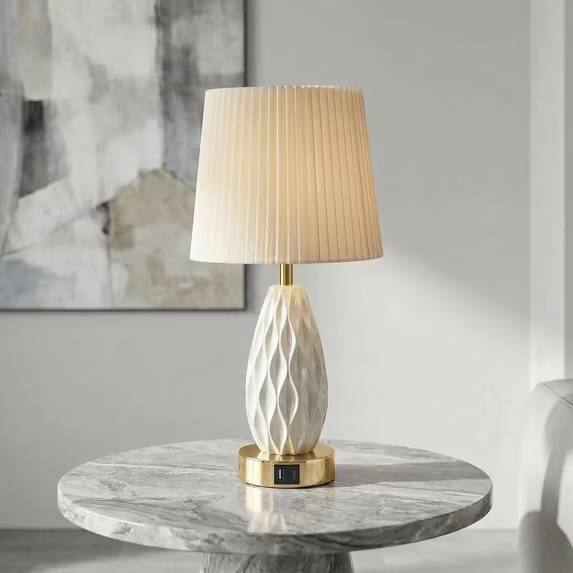 Alt View 1. GVDV - Home 18in Table Lamp with USB A&C Ports, Touch Control 3 Way Dimmable,Wave Texture Resin Bedside Lamp,for Bedroom White.