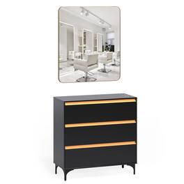 Winado - Multi-Functional Salon Station Free Standing Styling Cabinet with 3 Drawers, Square Mirror, Hair Dryer Holder for Beauty - Black/Gold