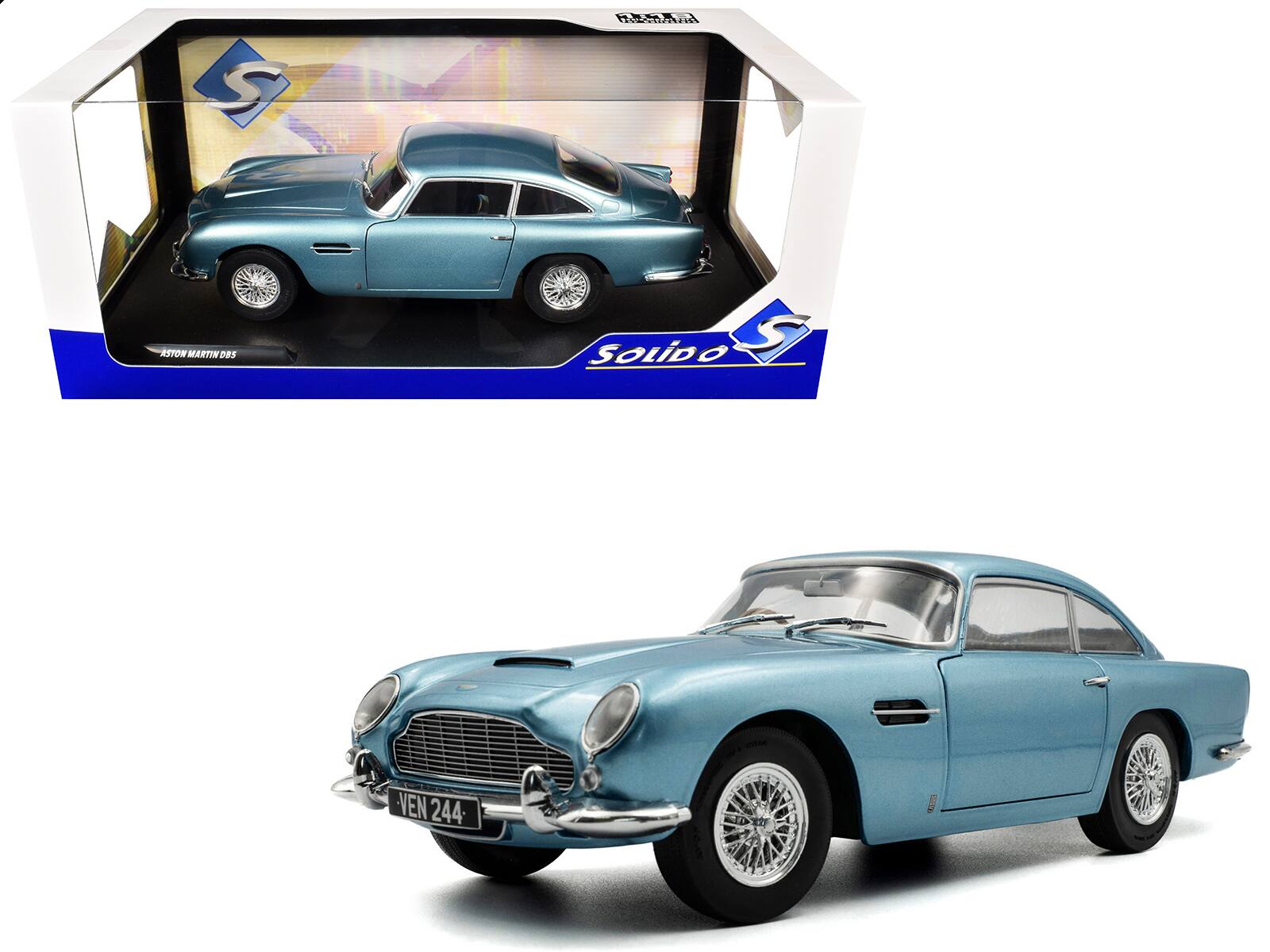 1964 Aston Martin DB5 RHD (Right Hand Drive) Light Blue Metallic 1/18 Diecast Model Car by Solido price history on PriceWatchPro