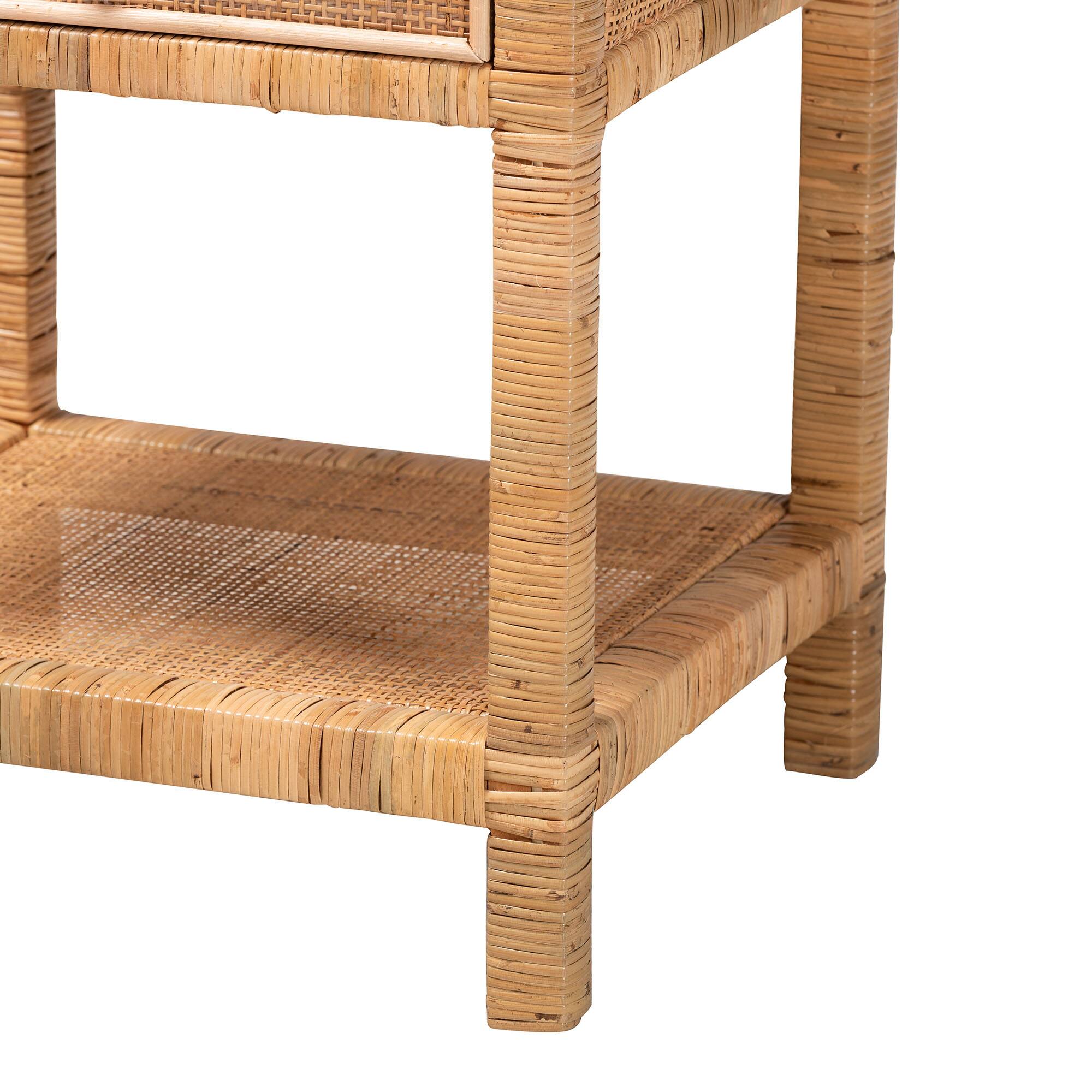Alt View 2. bali & pari - Adelia Modern Bohemian Natural Rattan and Mahogany Wood 1-Drawer Nightstand - Natural Brown.