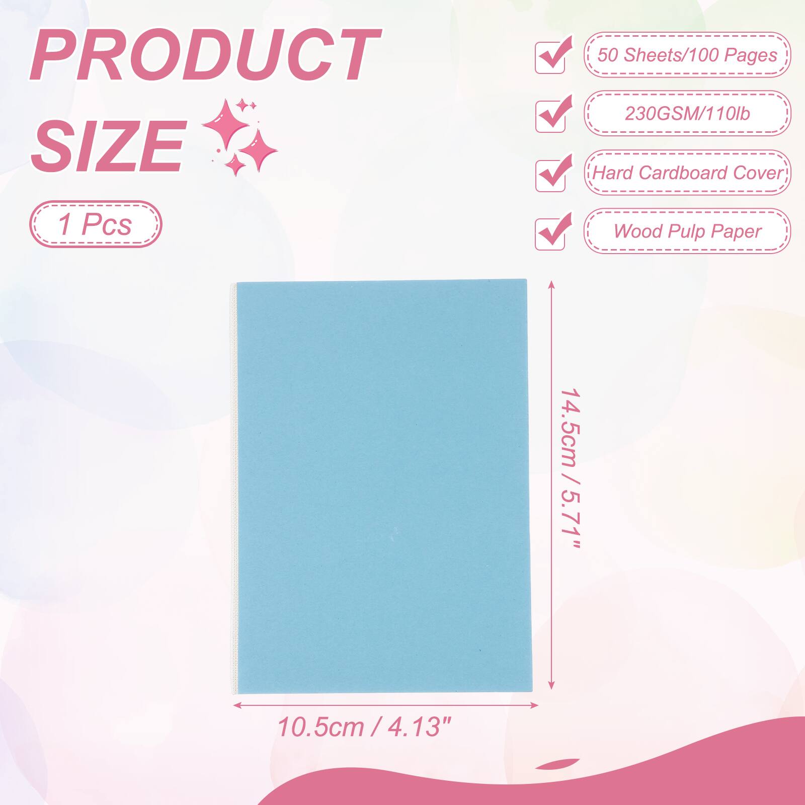 PRODUCT SIZE

50 Sheets/100 Pages  
230GSM/110lb  
Hard Cardboard Cover  
1 Pcs  
Wood Pulp Paper  

14.5cm / 5.71"  
10.5cm / 4.13"