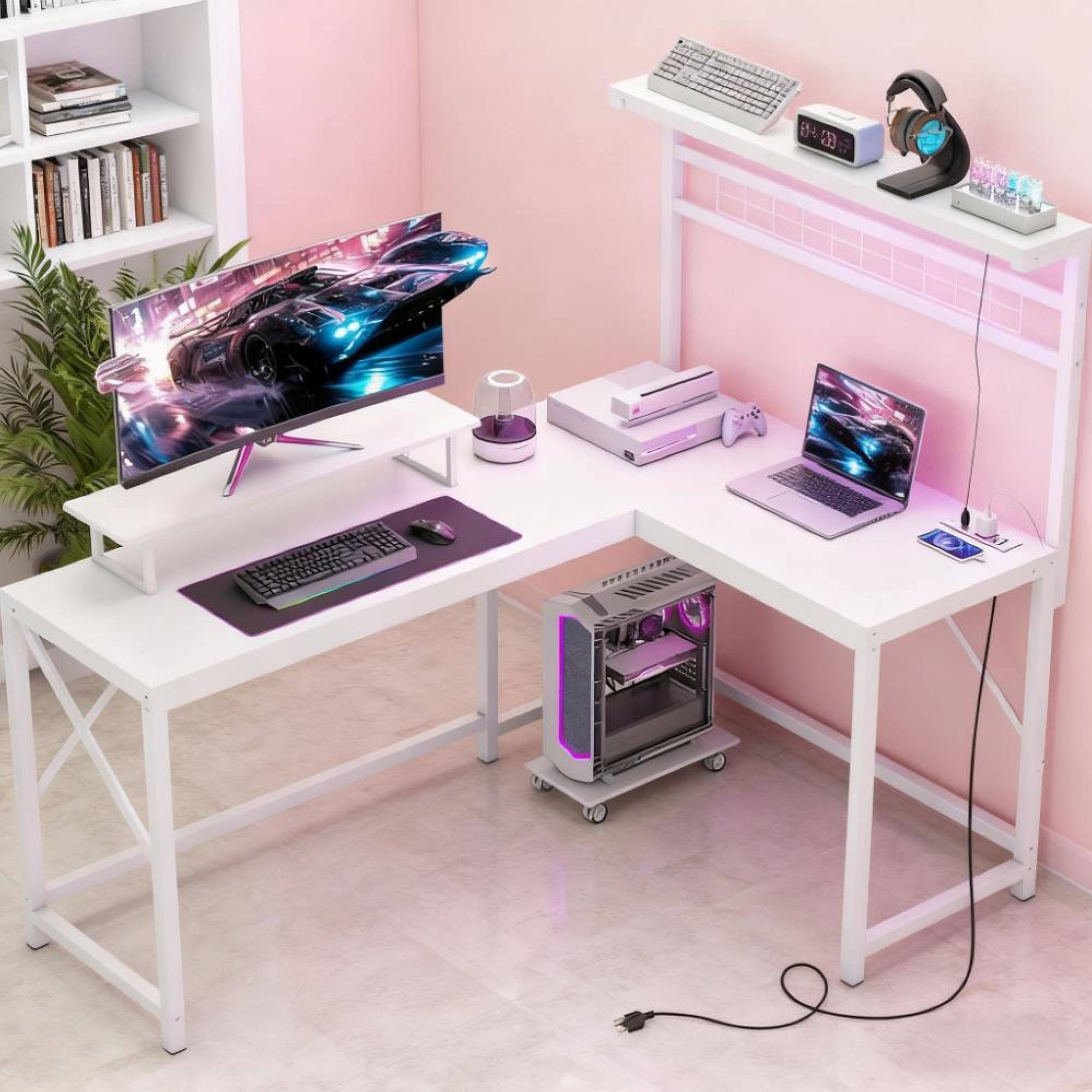 Alt View 5. GOODSILO - L-Shaped Computer Desk with Integrated Power Outlets, RGB LED Lighting, and Adjustable Monitor Stand - White.