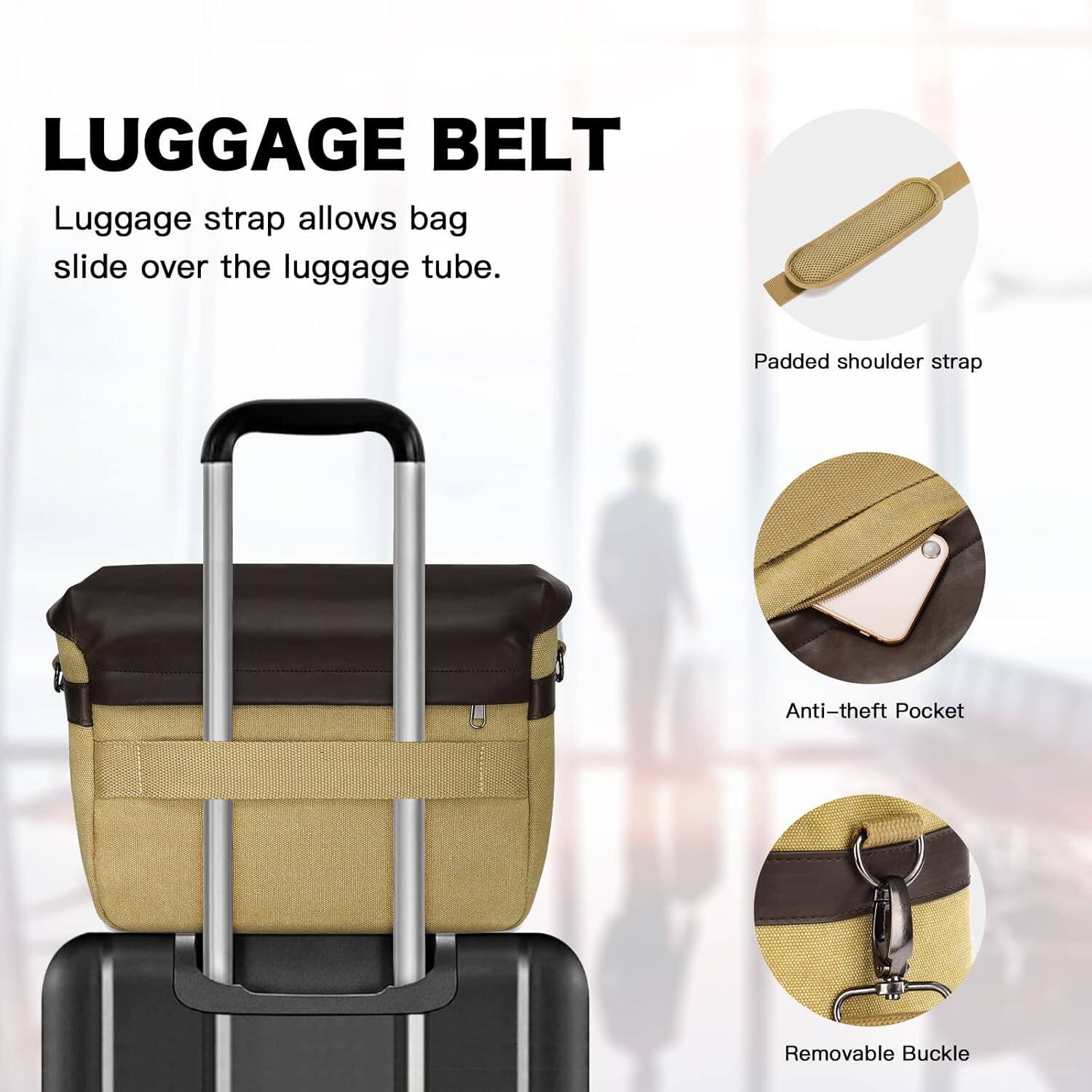 LUGGAGE BELT

Luggage strap allows bag slide over the luggage tube.

Padded shoulder strap

Anti-theft Pocket

Removable Buckle