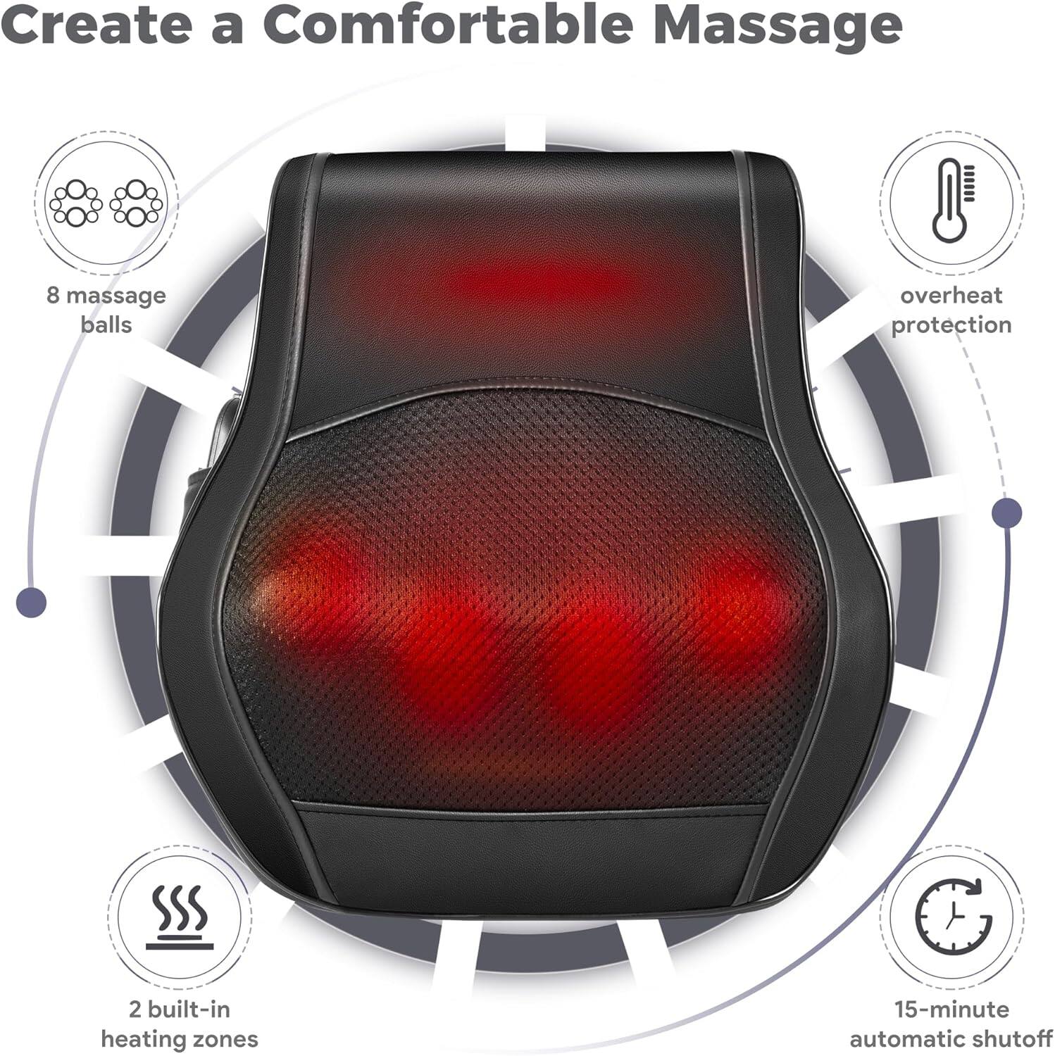 Create a Comfortable Massage

- 8 massage balls
- overheating protection
- 2 built-in heating zones
- 15-minute automatic shutoff